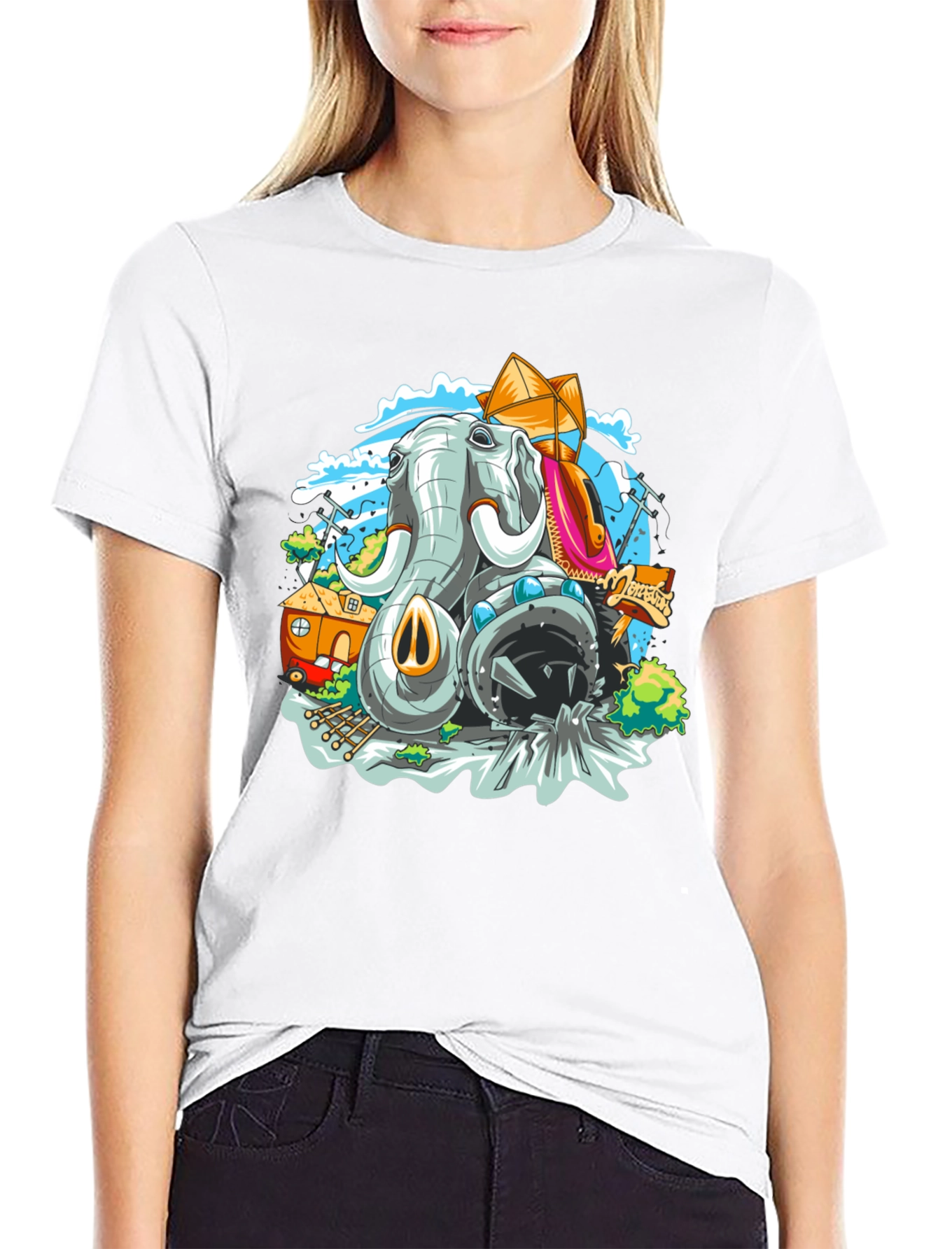 Elephant Cartoon Graphic Black T-Shirt