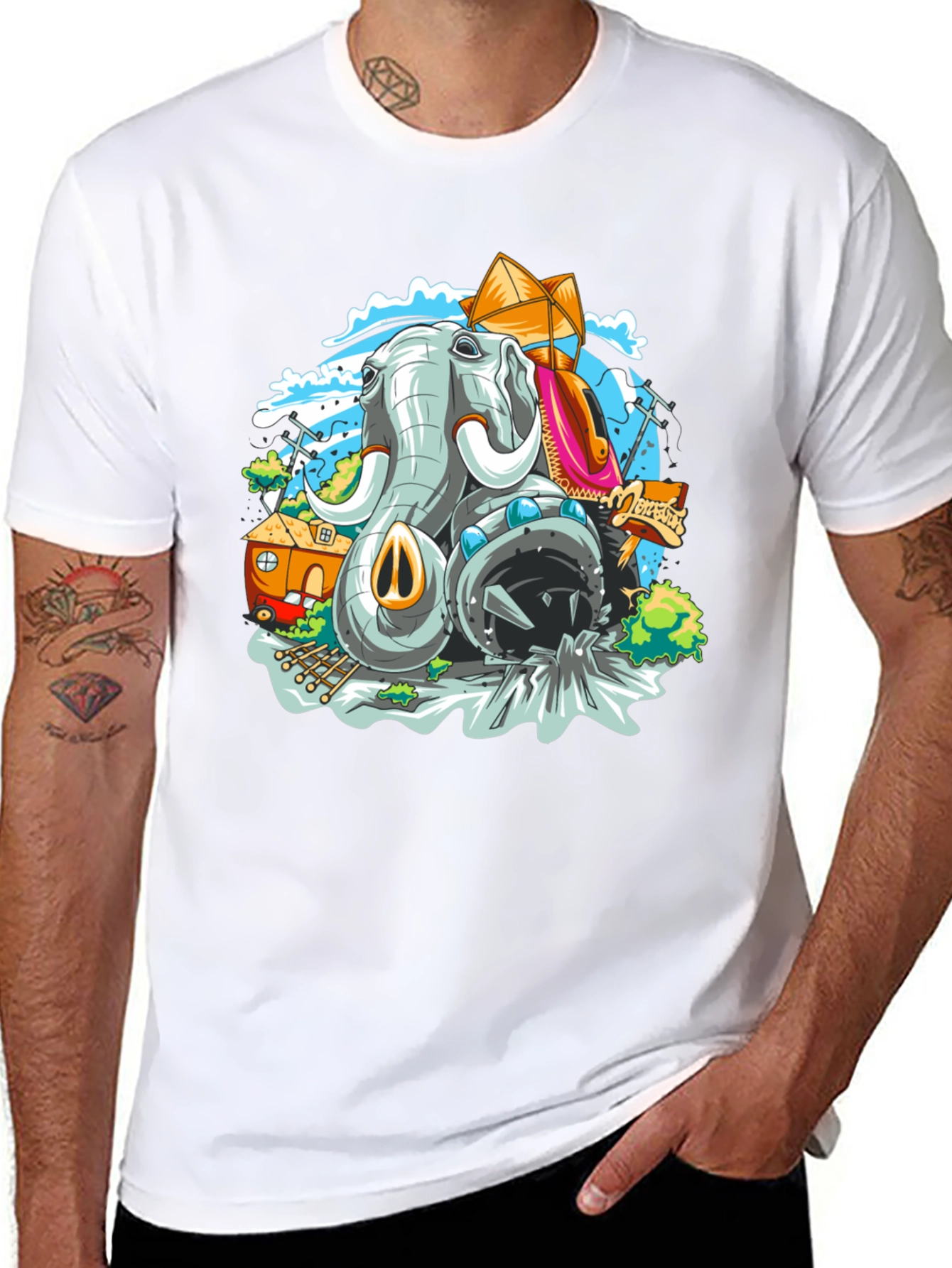 Elephant Cartoon Graphic Black T-Shirt