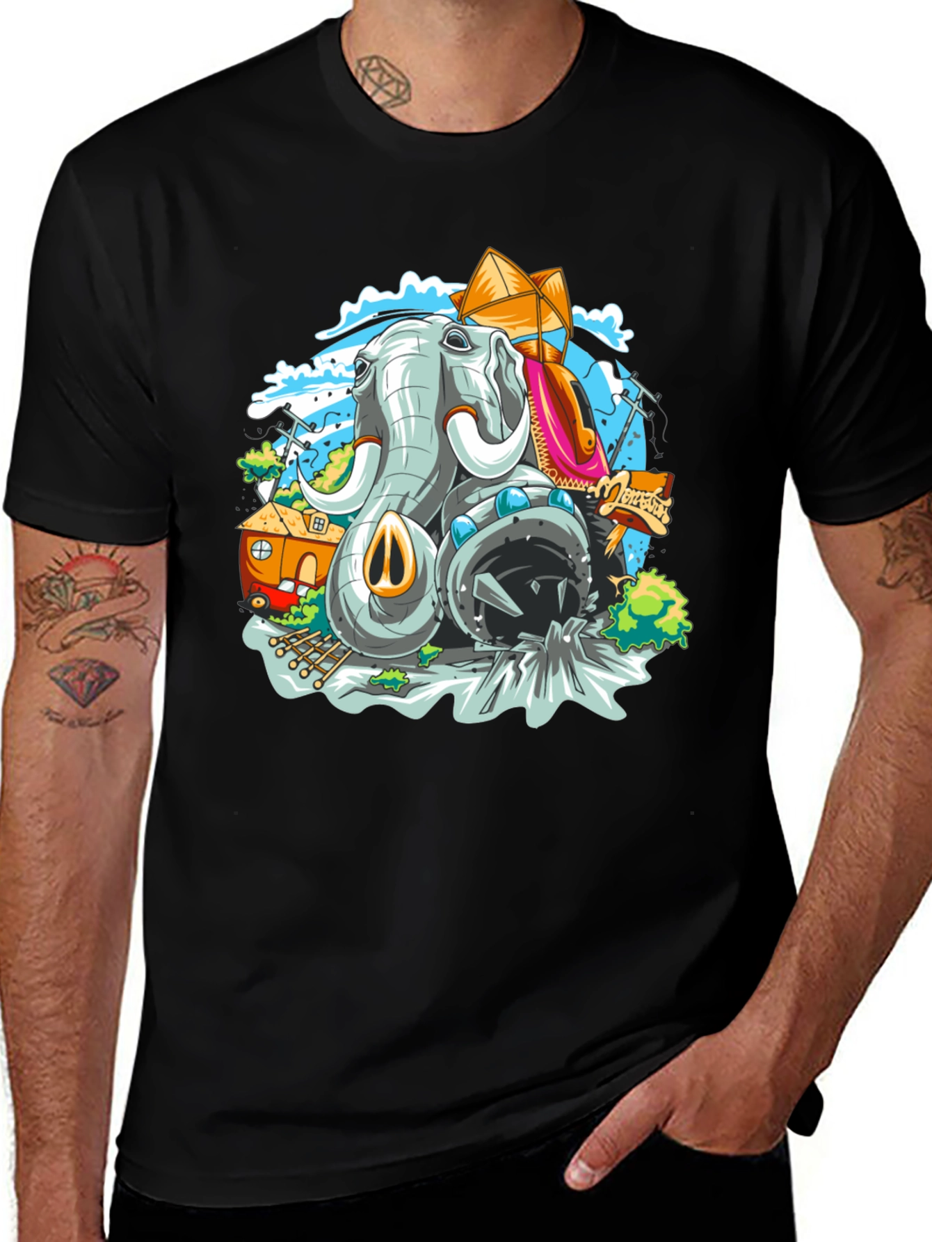 Elephant Cartoon Graphic Black T-Shirt