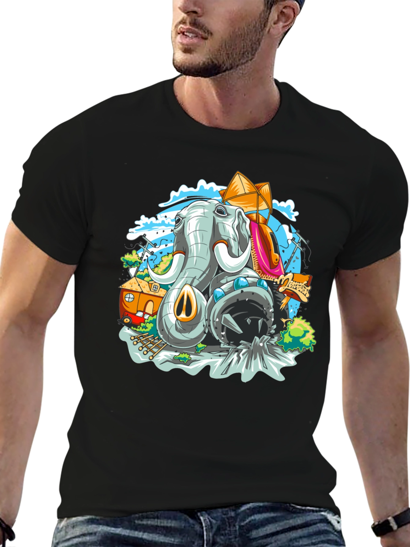 Elephant Cartoon Graphic Black T-Shirt