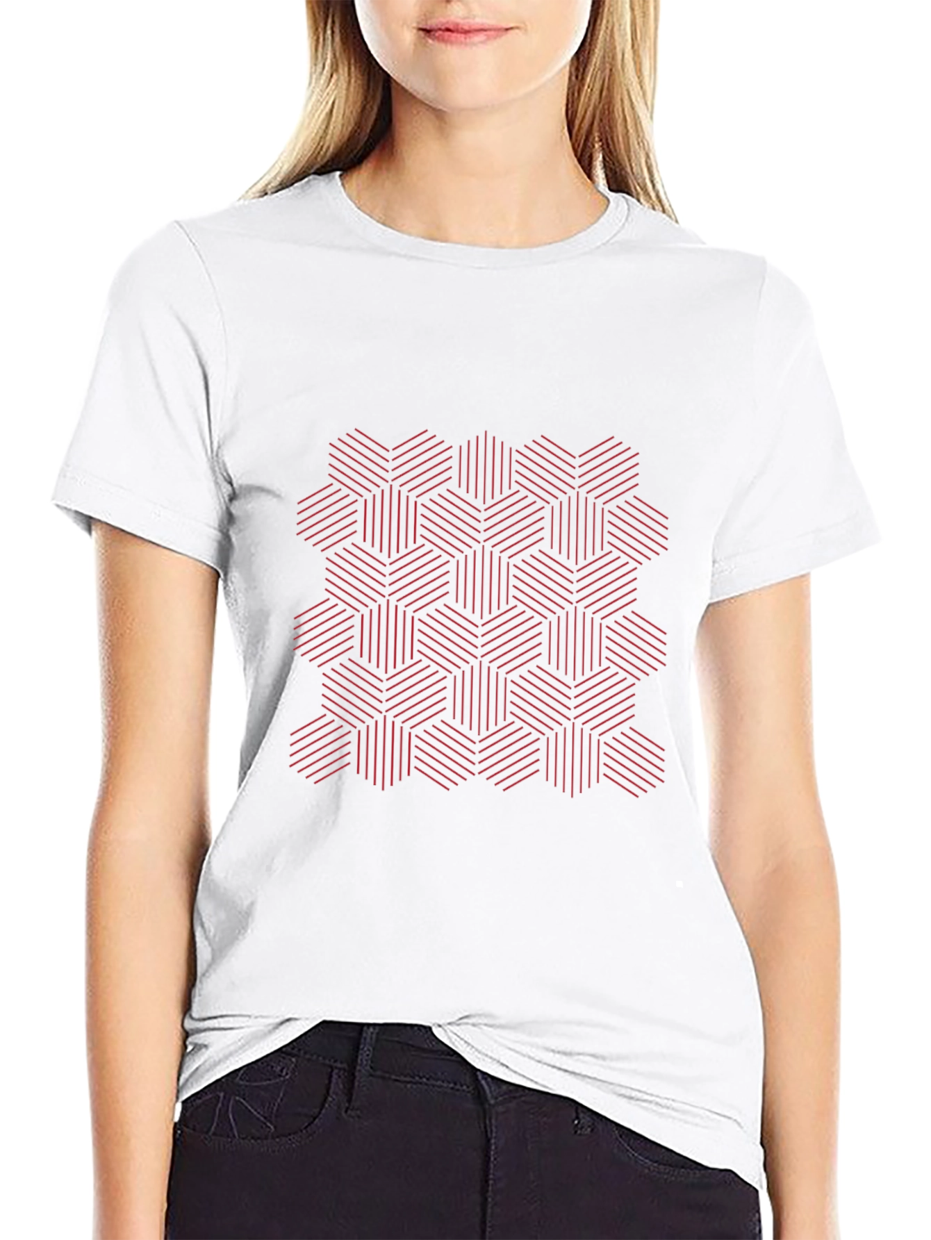 Geometric Hexagon Patterned Black T-Shirt