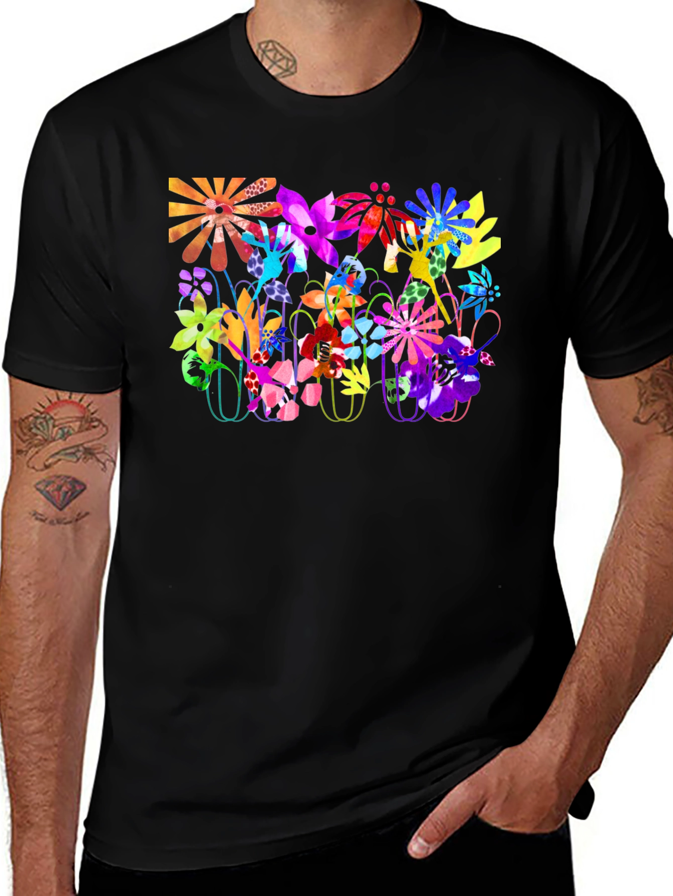 Vibrant Floral Graphic Tee - Bold Black T-Shirt