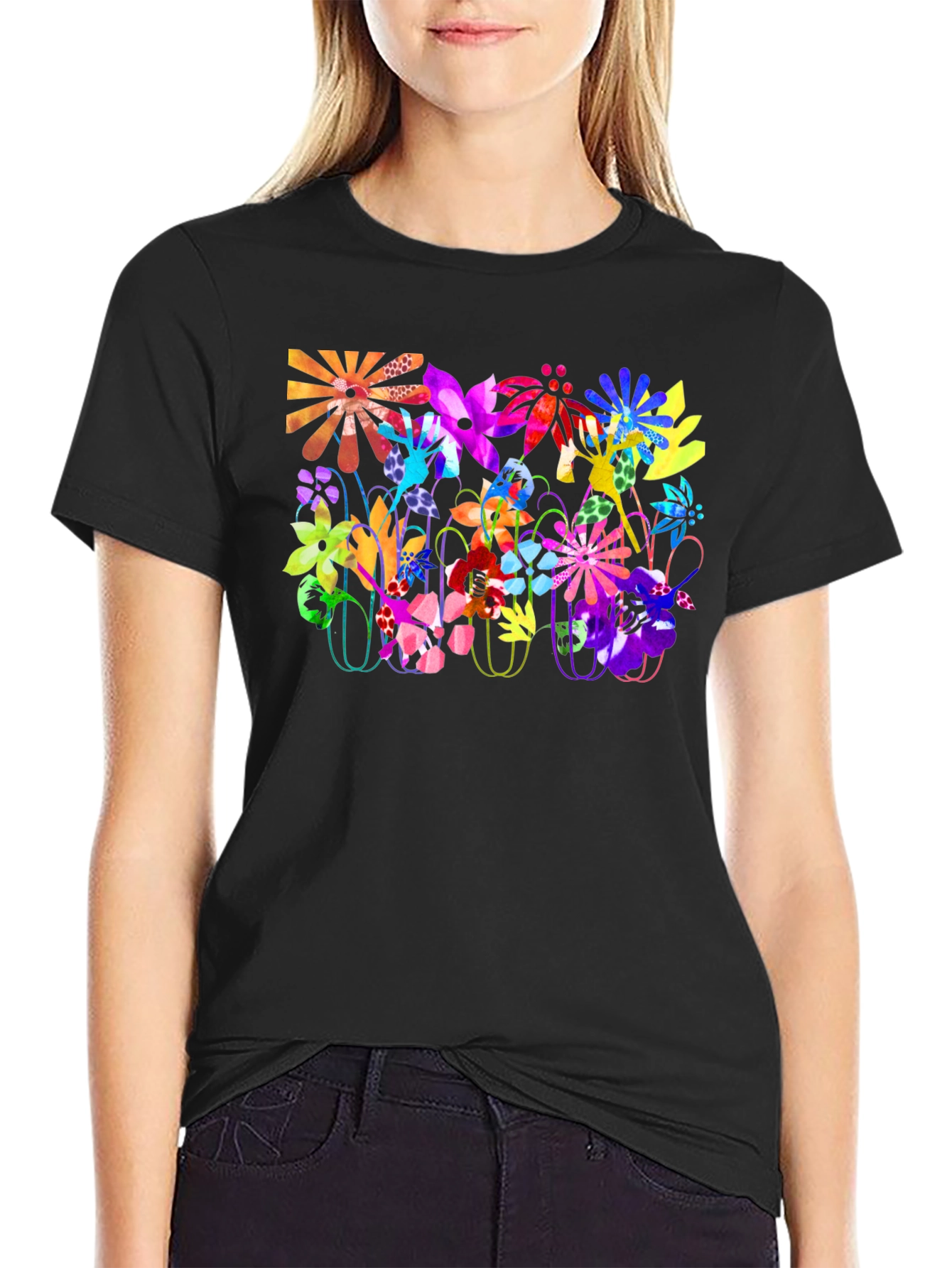 Vibrant Floral Graphic Tee - Bold Black T-Shirt