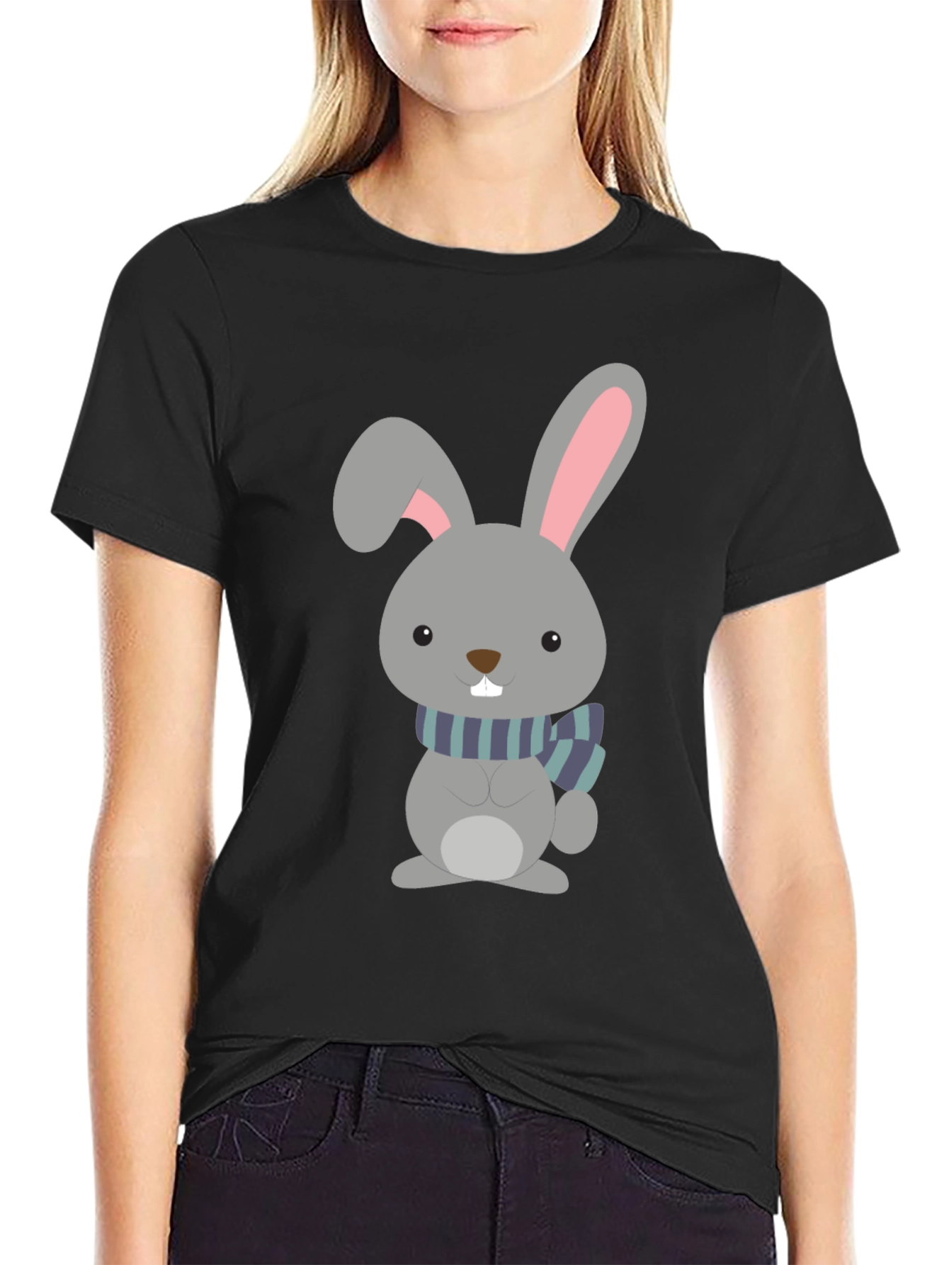 Cute Cartoon Rabbit Graphic Tee - Unisex Black T-Shirt