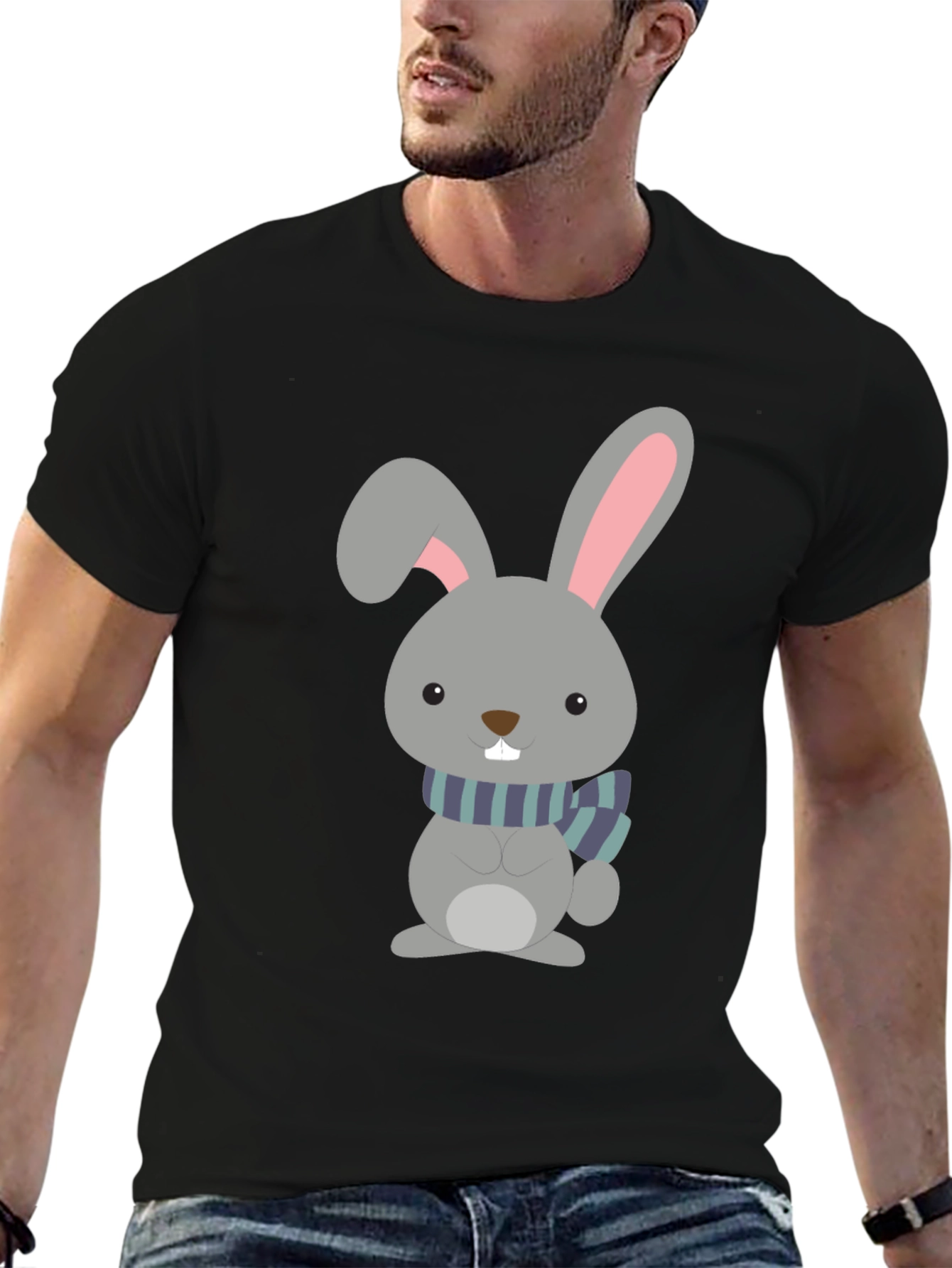 Cute Cartoon Rabbit Graphic Tee - Unisex Black T-Shirt