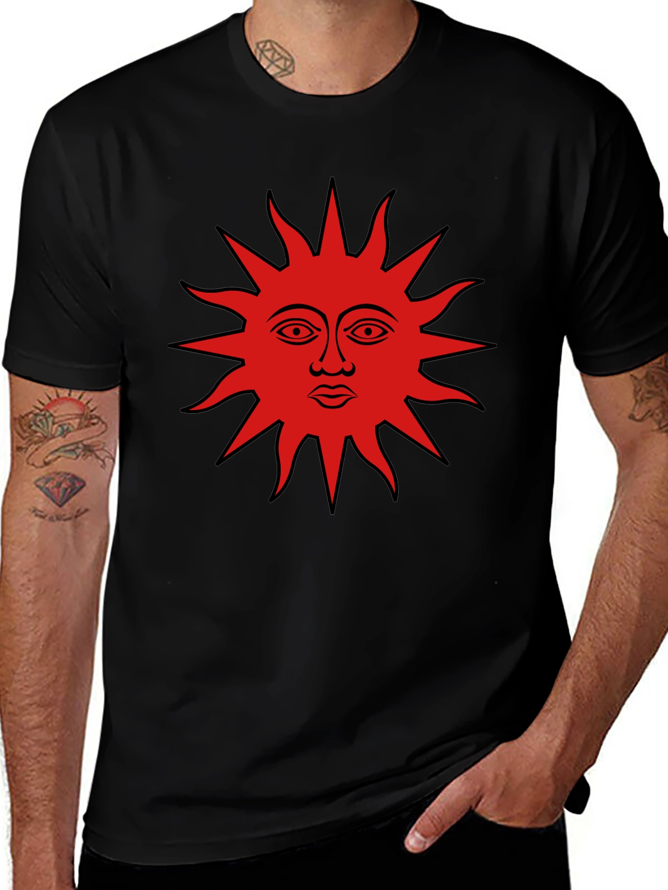 Black Graphic Tee - Red Sun Face Design