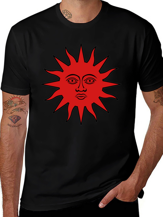 Black Graphic Tee - Red Sun Face Design