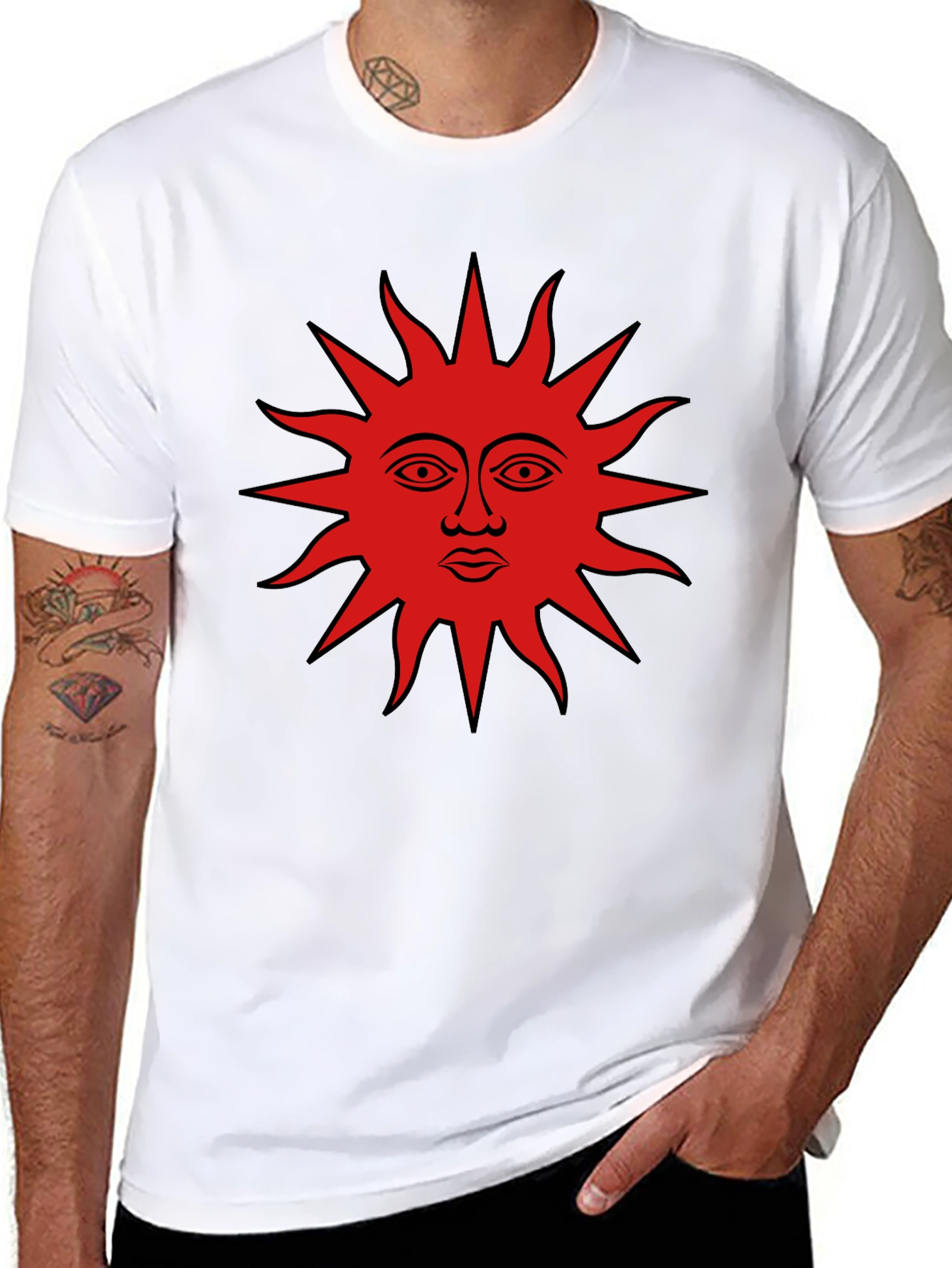 Black Graphic Tee - Red Sun Face Design