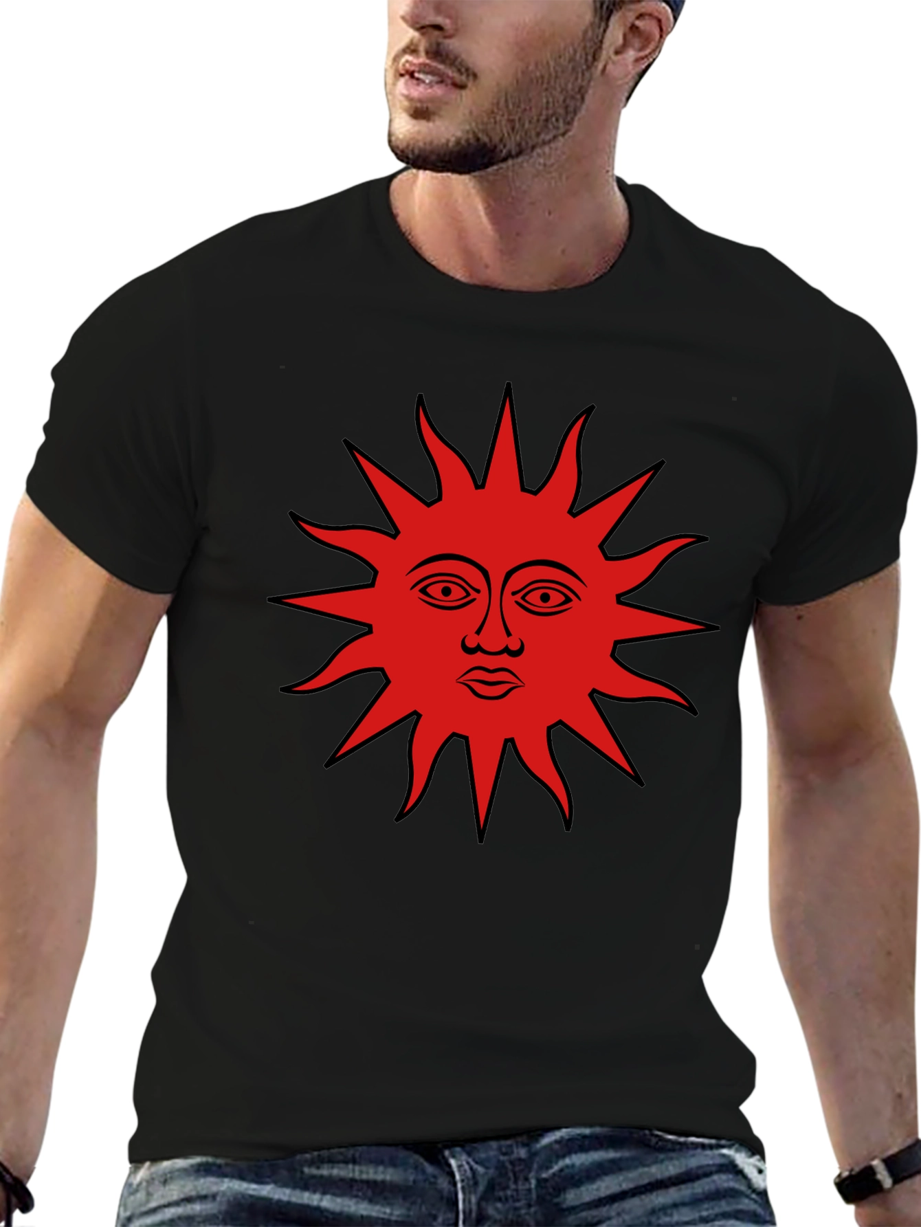Black Graphic Tee - Red Sun Face Design