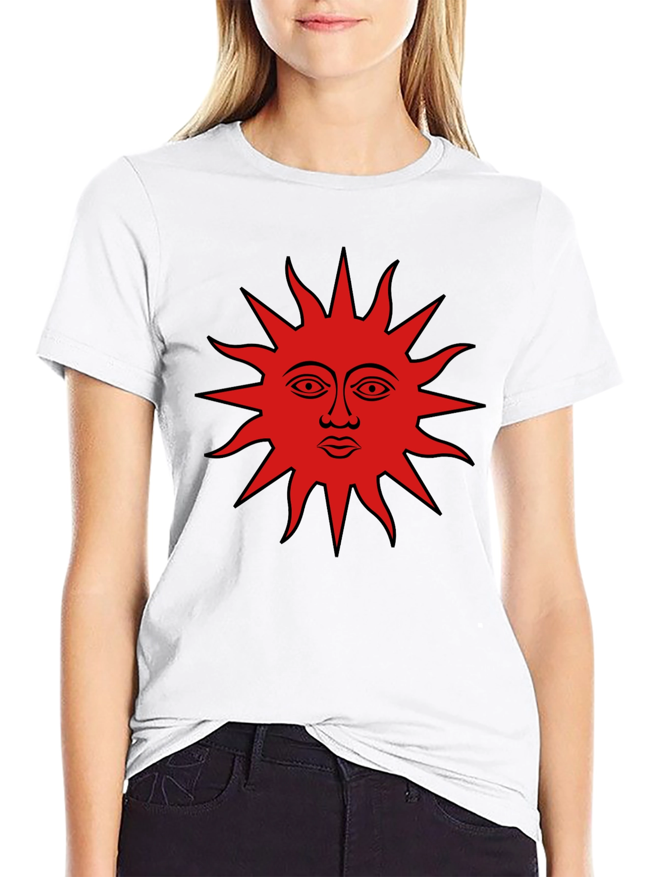 Black Graphic Tee - Red Sun Face Design
