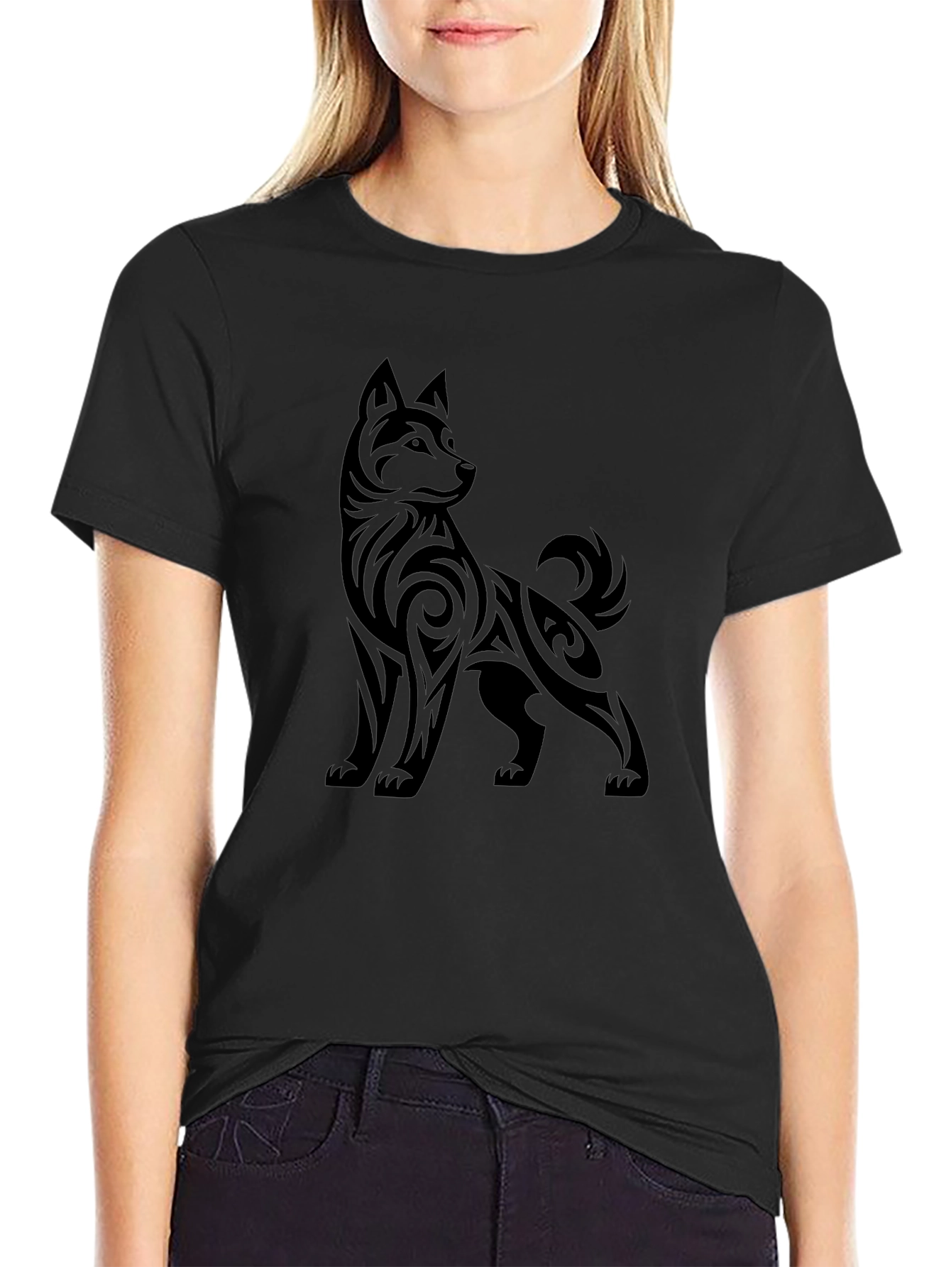 Tribal Dog Graphic Tee - Stylish Black T-Shirt