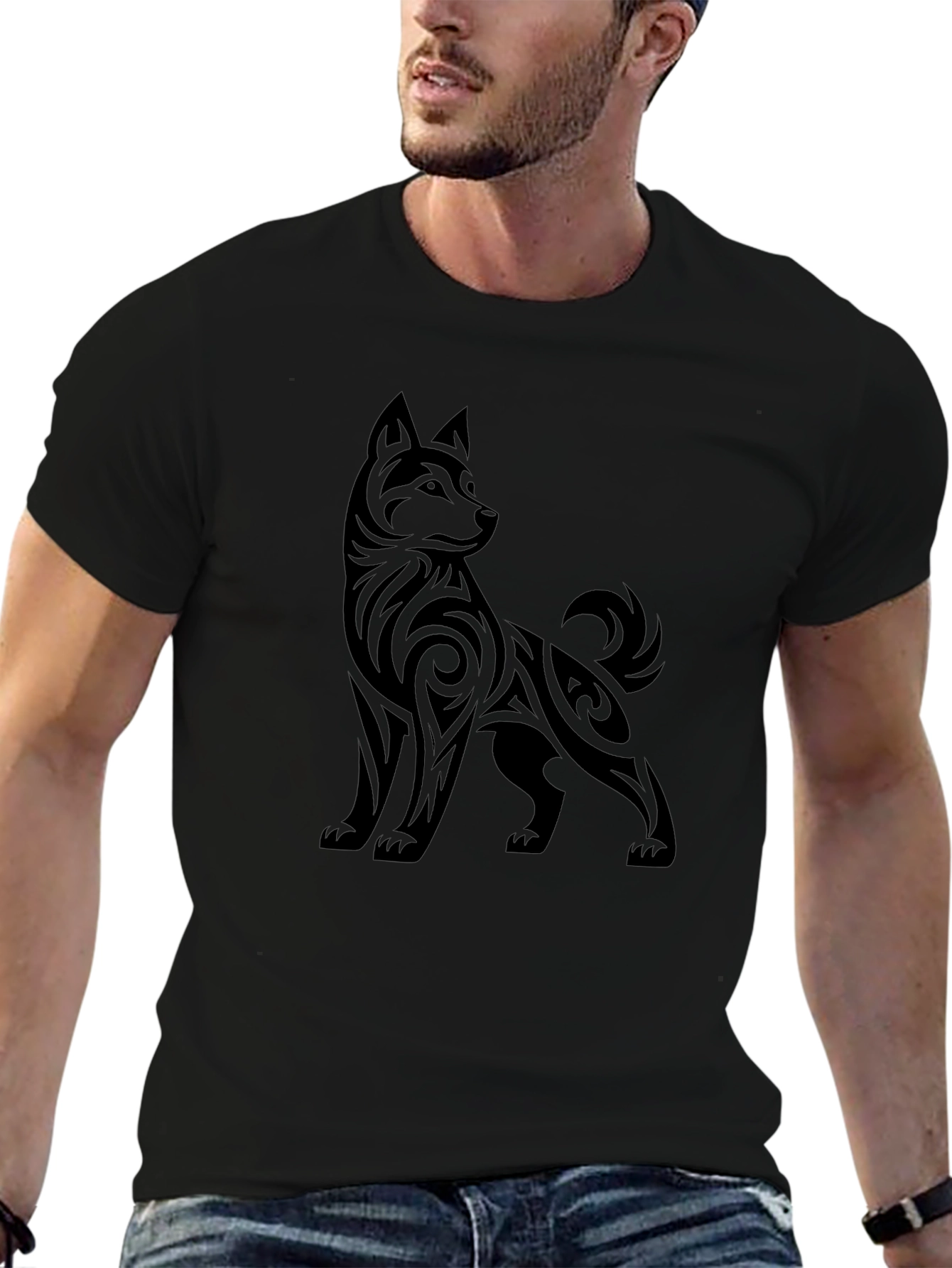 Tribal Dog Graphic Tee - Stylish Black T-Shirt