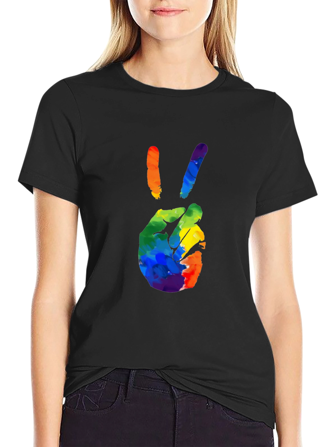 Rainbow Peace Sign Graphic T-Shirt - Black