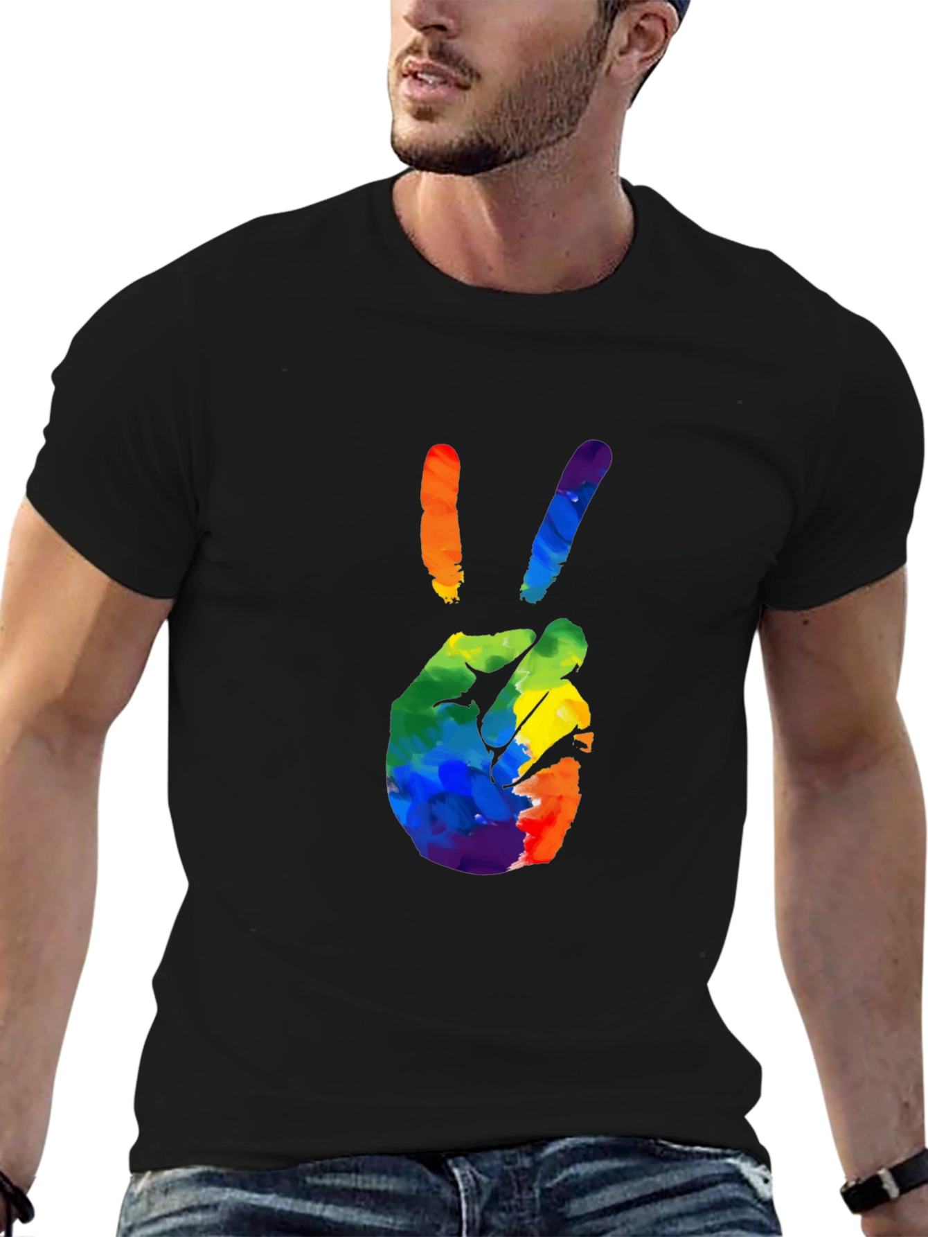 Rainbow Peace Sign Graphic T-Shirt - Black