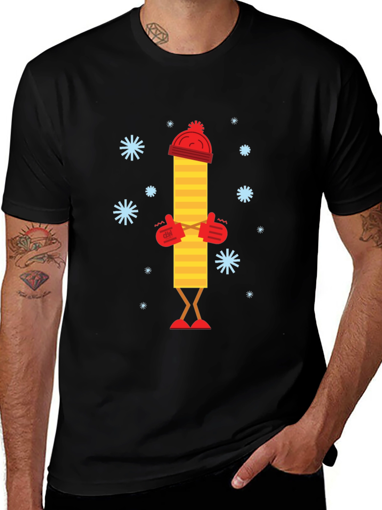 Whimsical Winter Stick Figure Black T-Shirt