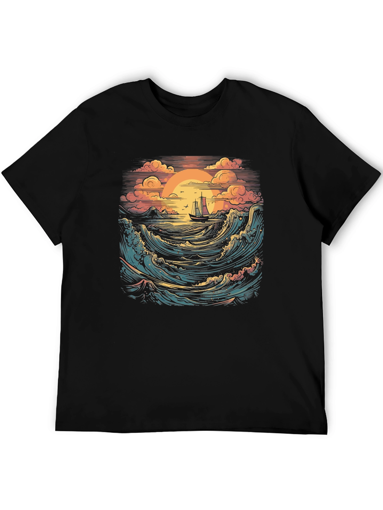 Sunset Sail Graphic Tee - Black Cotton T-Shirt