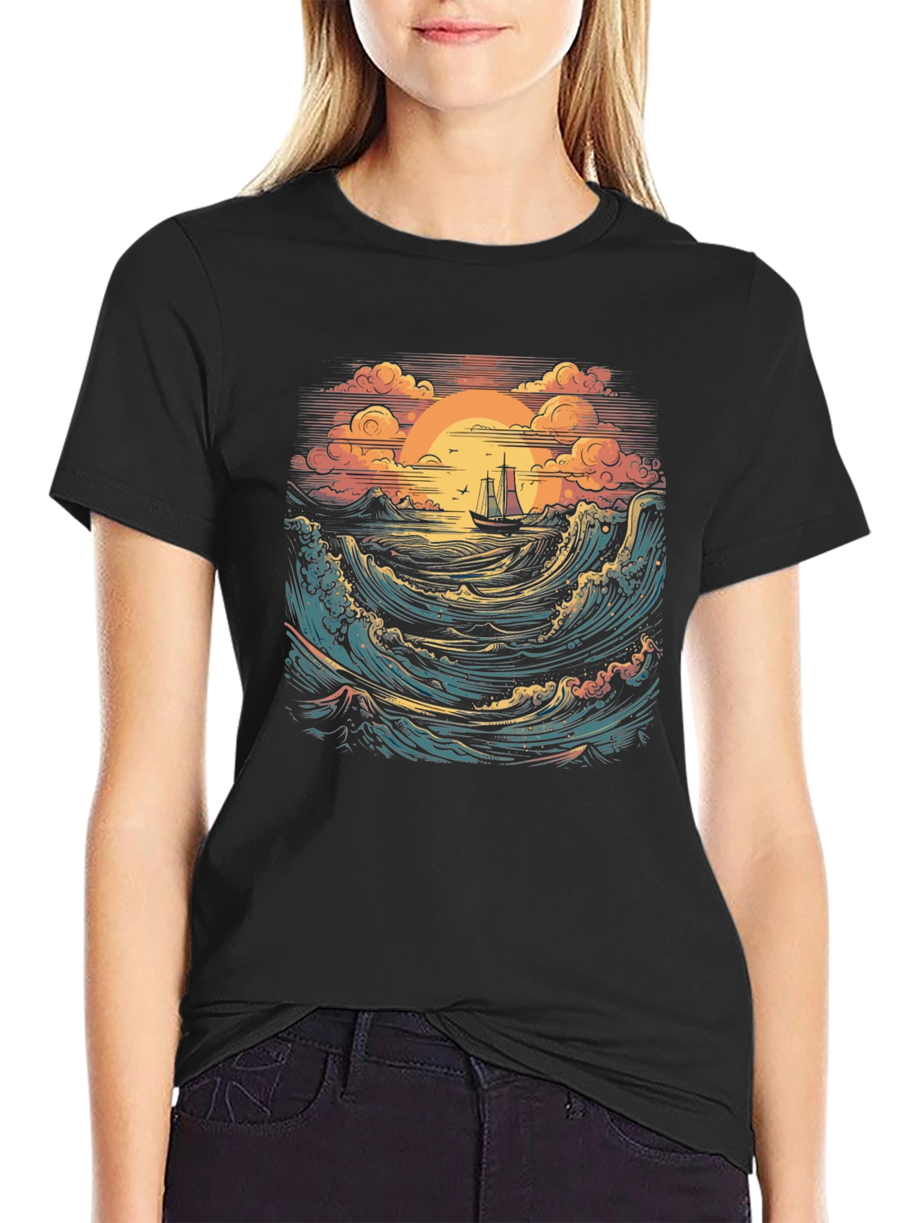 Sunset Sail Graphic Tee - Black Cotton T-Shirt