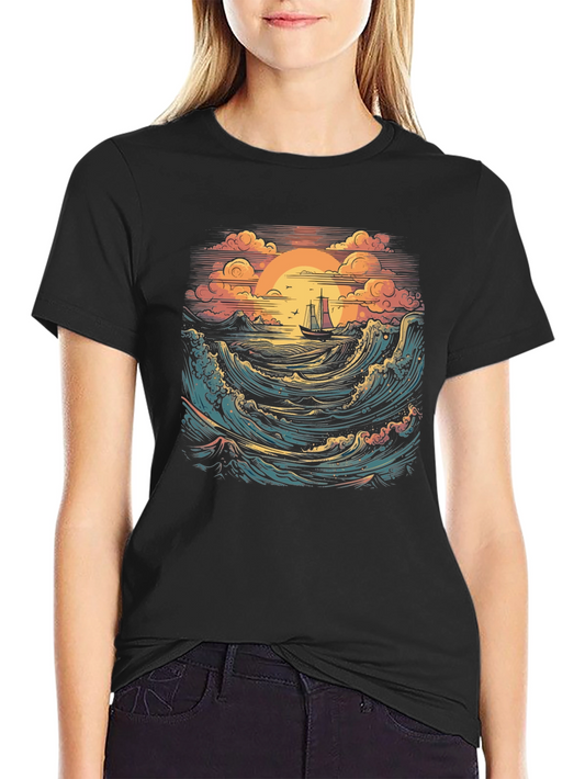 Sunset Sail Graphic Tee - Black Cotton T-Shirt