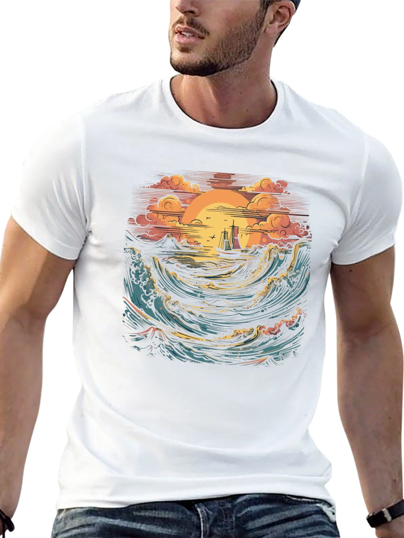 Sunset Sail Graphic Tee - Black Cotton T-Shirt