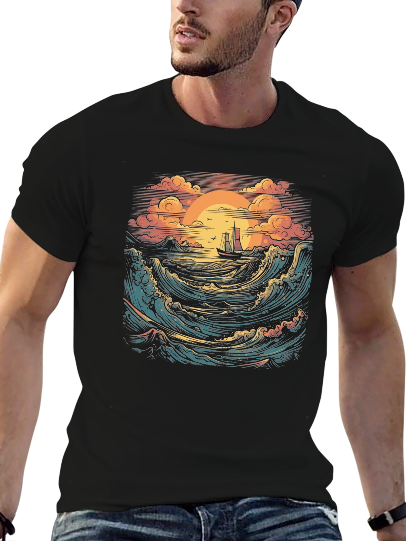Sunset Sail Graphic Tee - Black Cotton T-Shirt