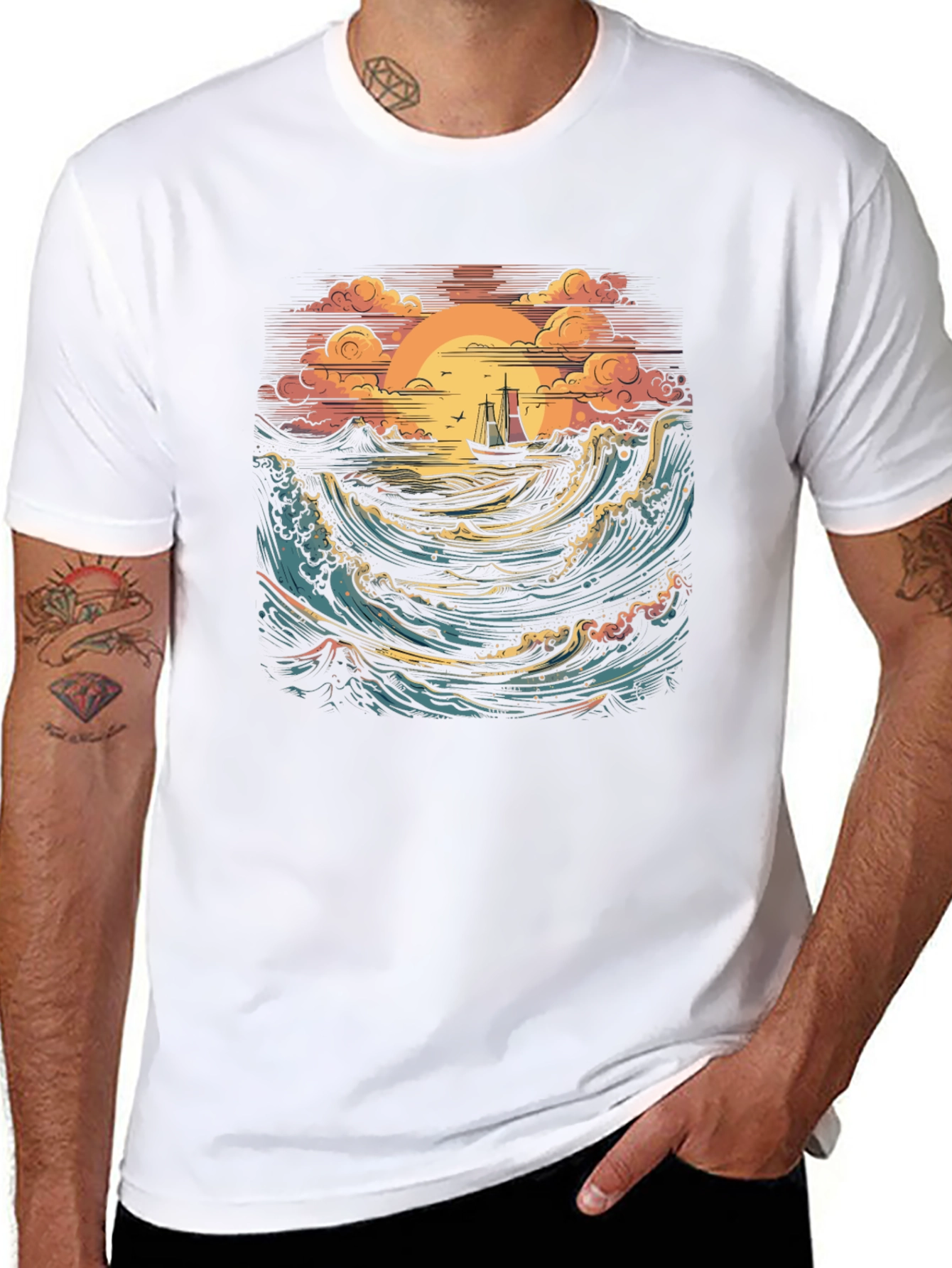Sunset Sail Graphic Tee - Black Cotton T-Shirt