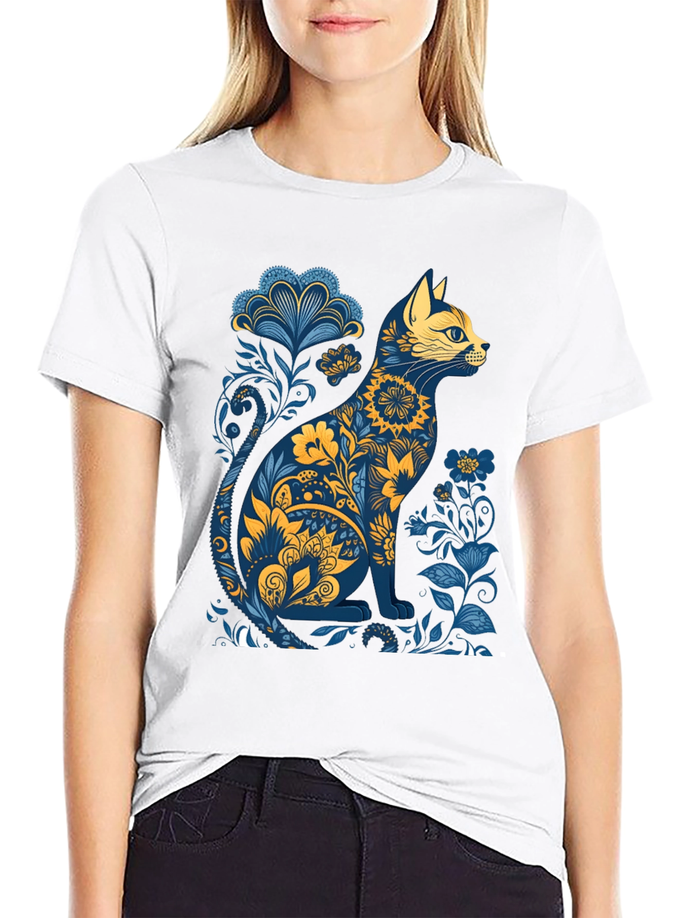 Floral Cat Graphic T-Shirt - Stylish Unisex Tee