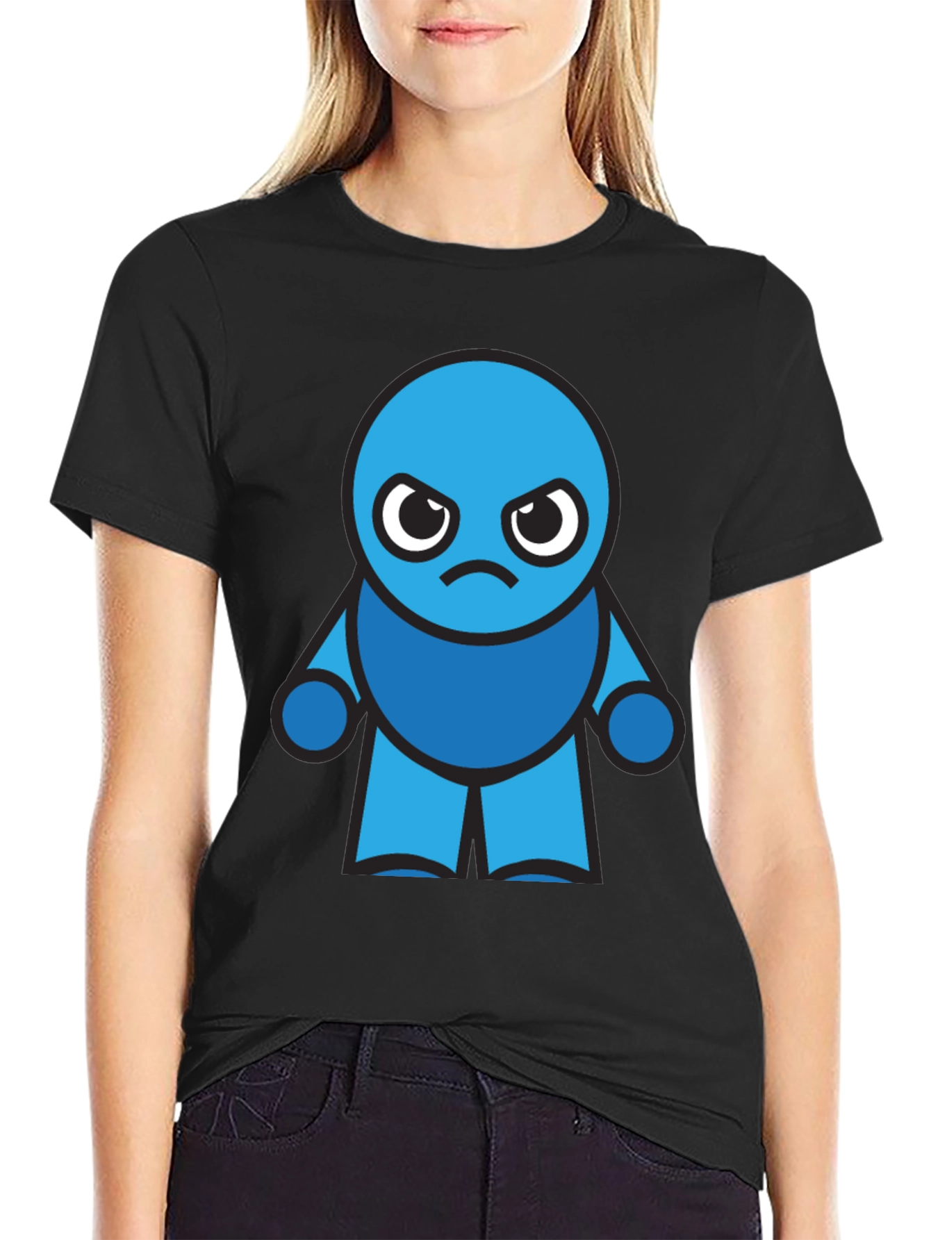 Grumpy Blue Character Black T-Shirt