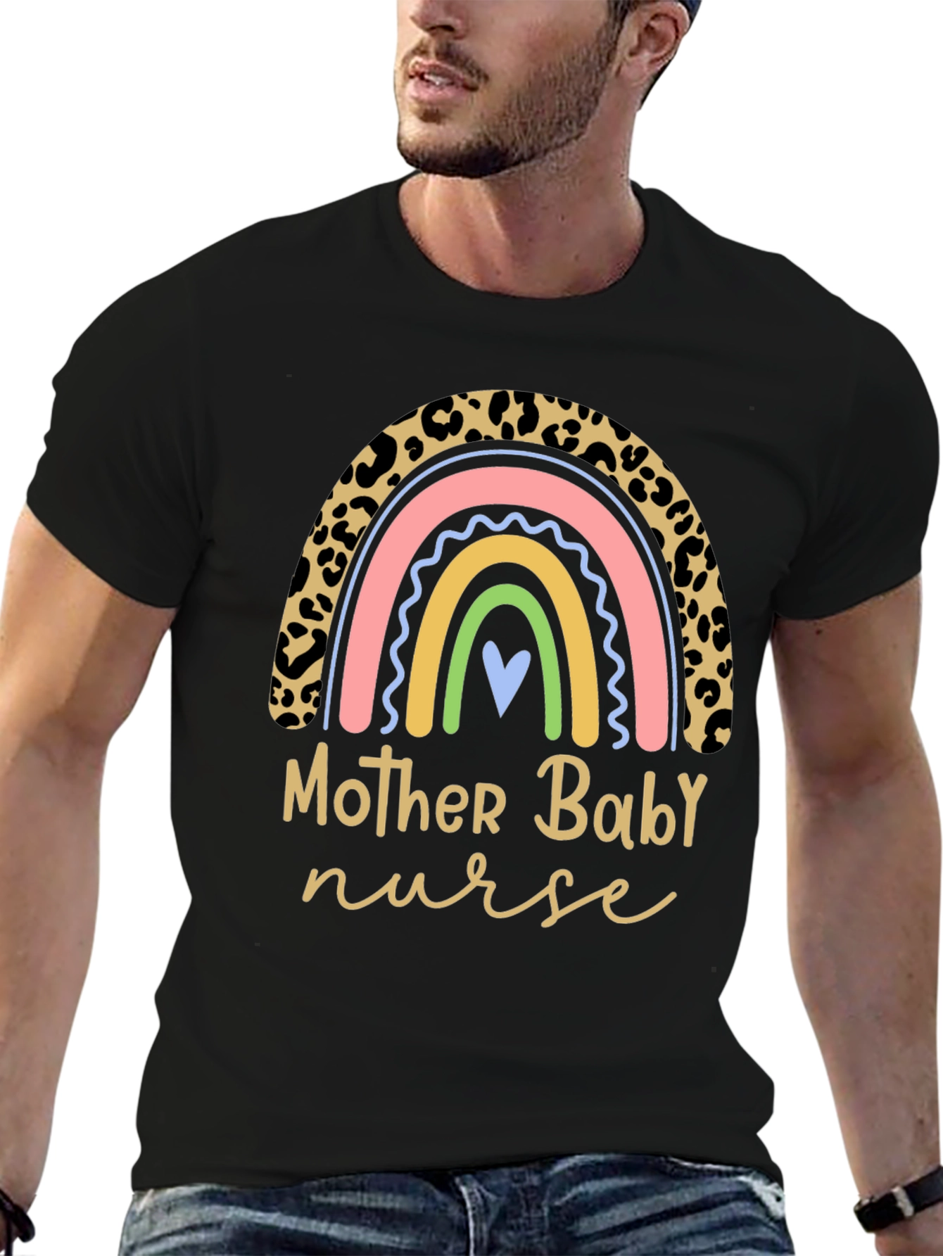 Mother Baby Nurse Rainbow Leopard Print T-Shirt