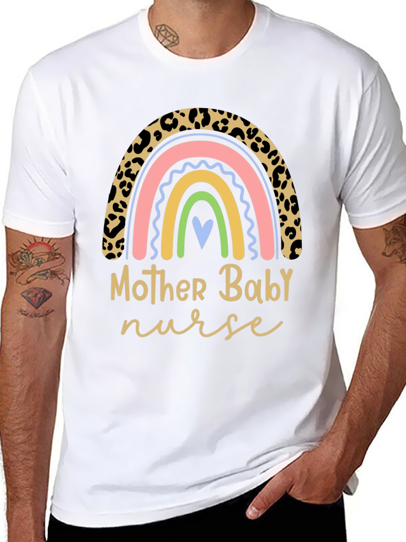 Mother Baby Nurse Rainbow Leopard Print T-Shirt