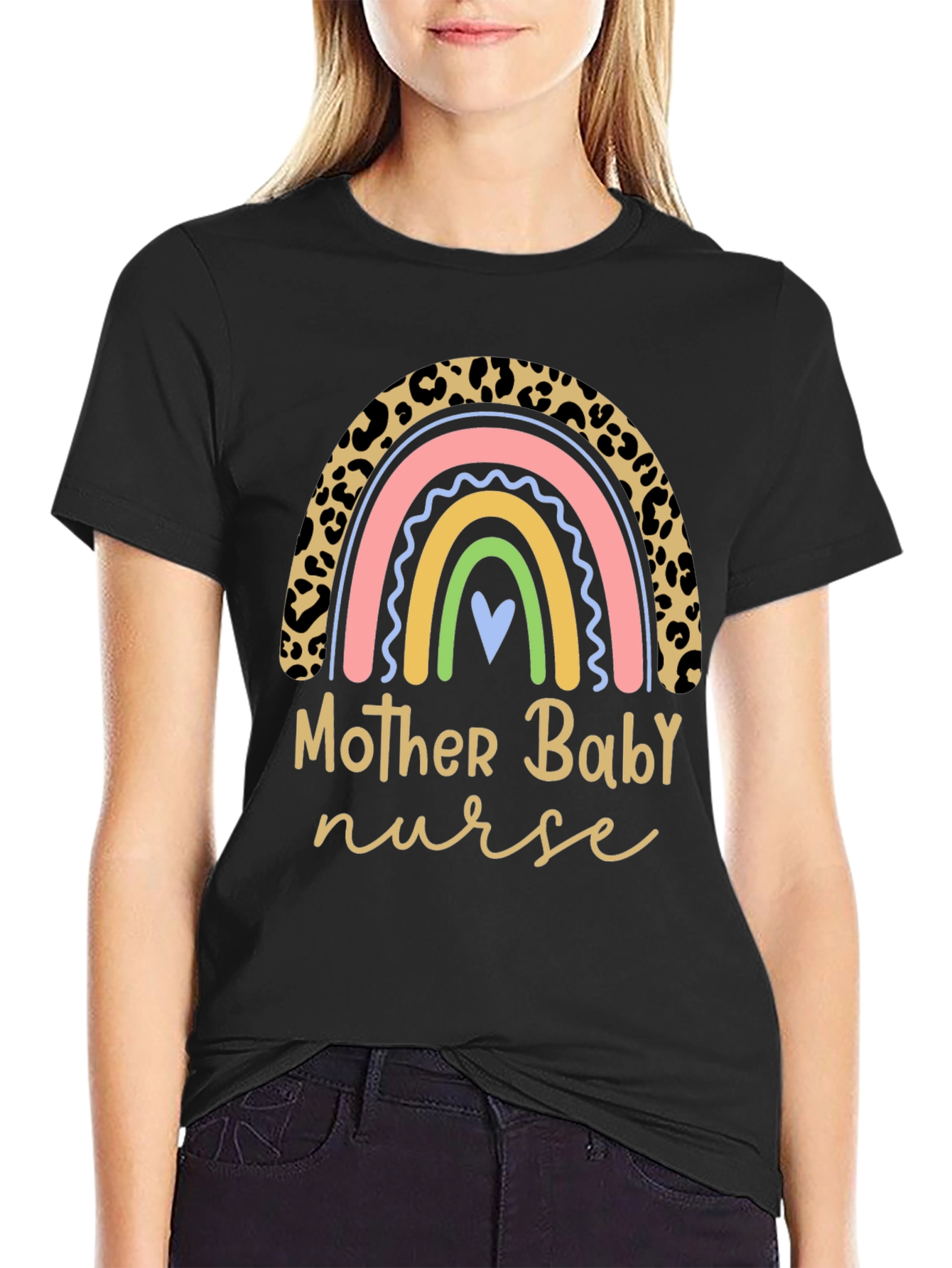 Mother Baby Nurse Rainbow Leopard Print T-Shirt