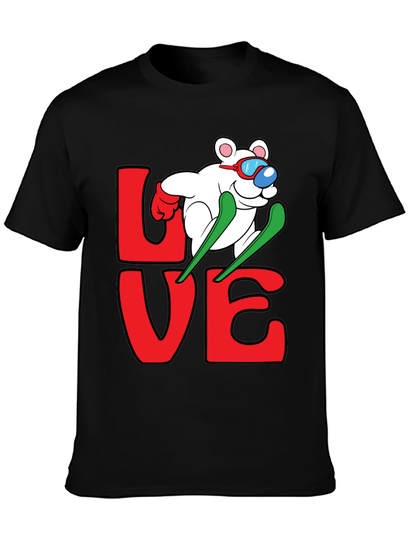 Skiing Bear Love Graphic Tee - Black Cotton T-Shirt