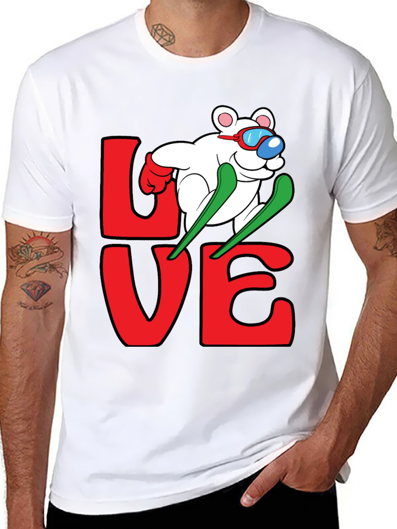 Skiing Bear Love Graphic Tee - Black Cotton T-Shirt