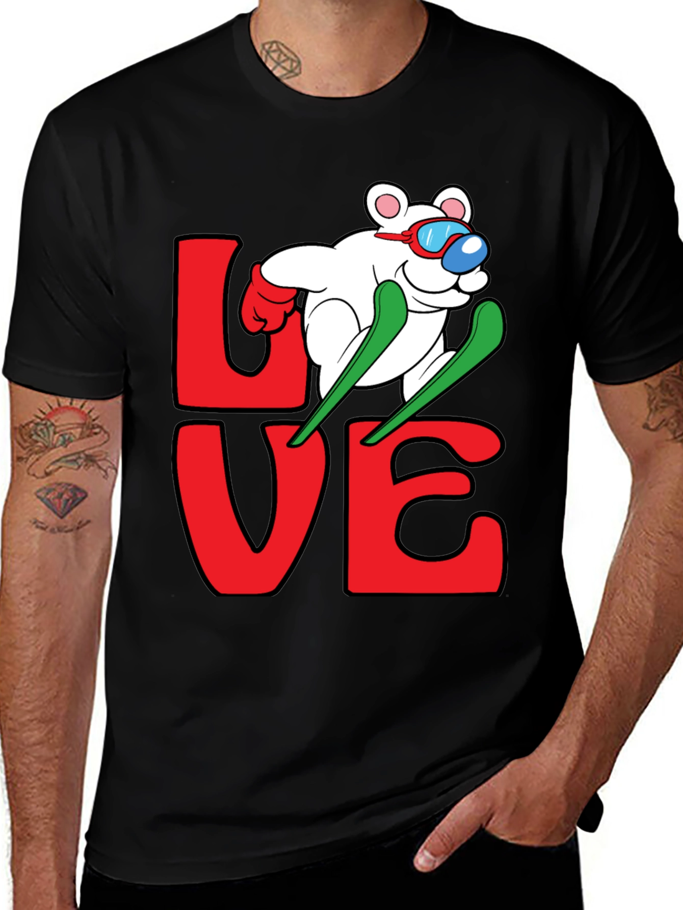 Skiing Bear Love Graphic Tee - Black Cotton T-Shirt