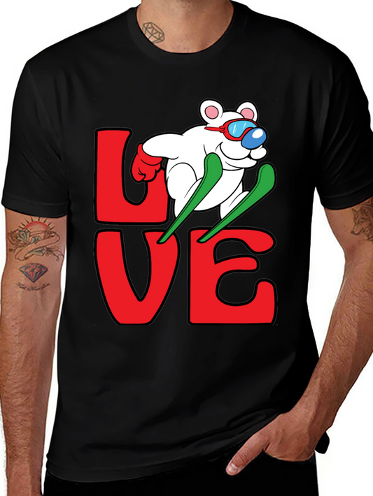 Skiing Bear Love Graphic Tee - Black Cotton T-Shirt