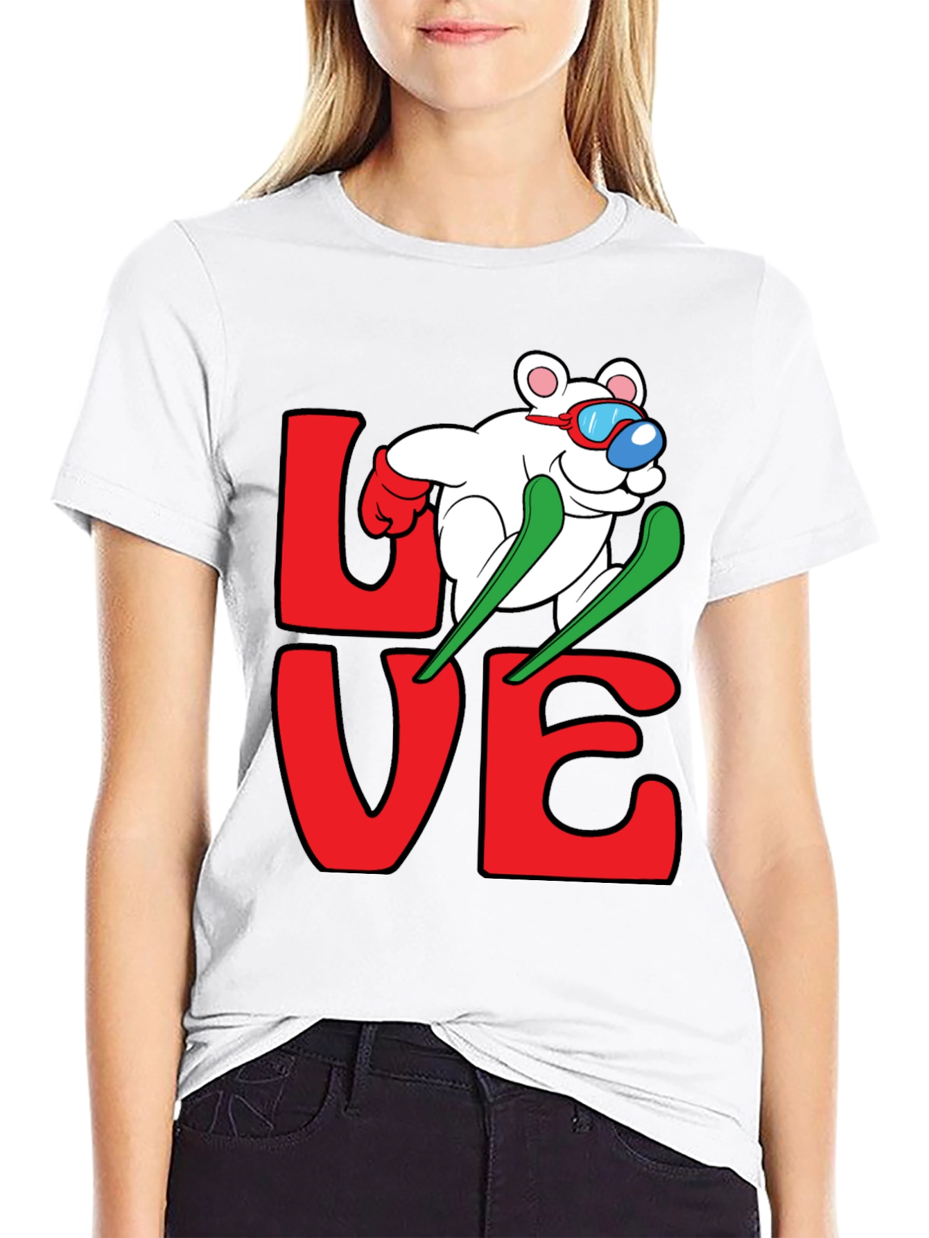 Skiing Bear Love Graphic Tee - Black Cotton T-Shirt