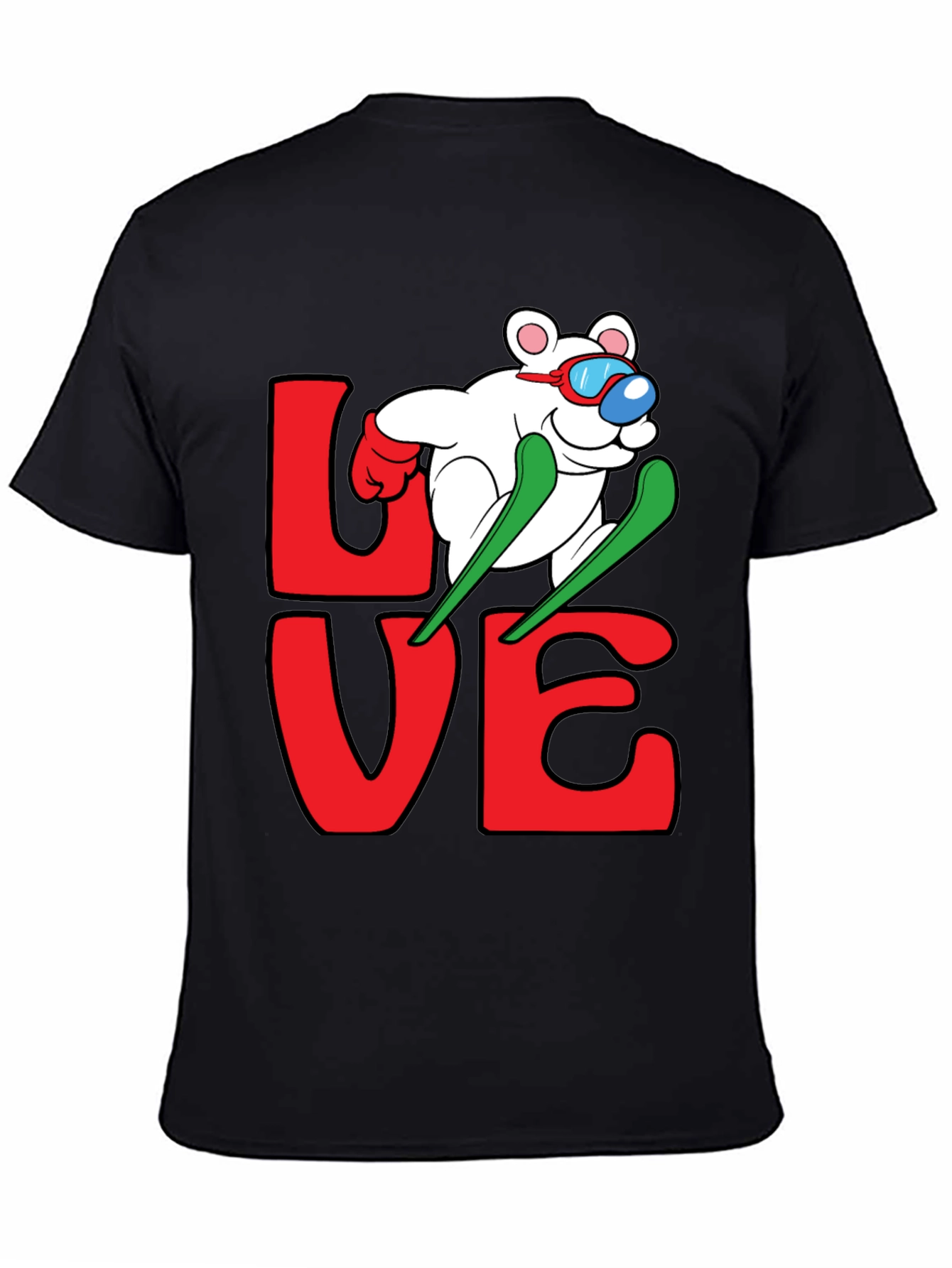 Skiing Bear Love Graphic Tee - Black Cotton T-Shirt