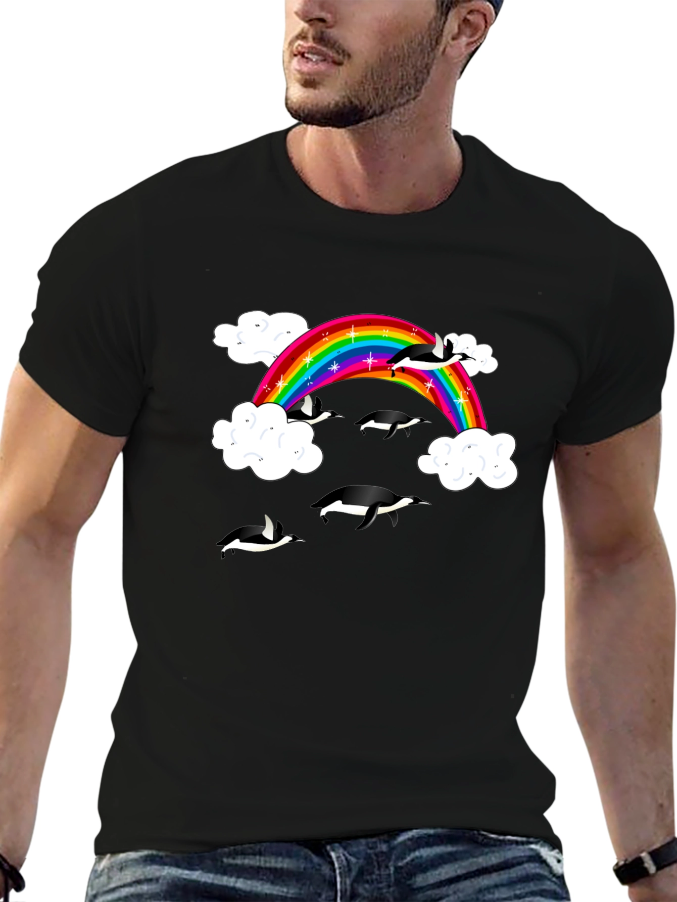 Rainbow Penguin T-Shirt - Black Cotton Graphic Tee