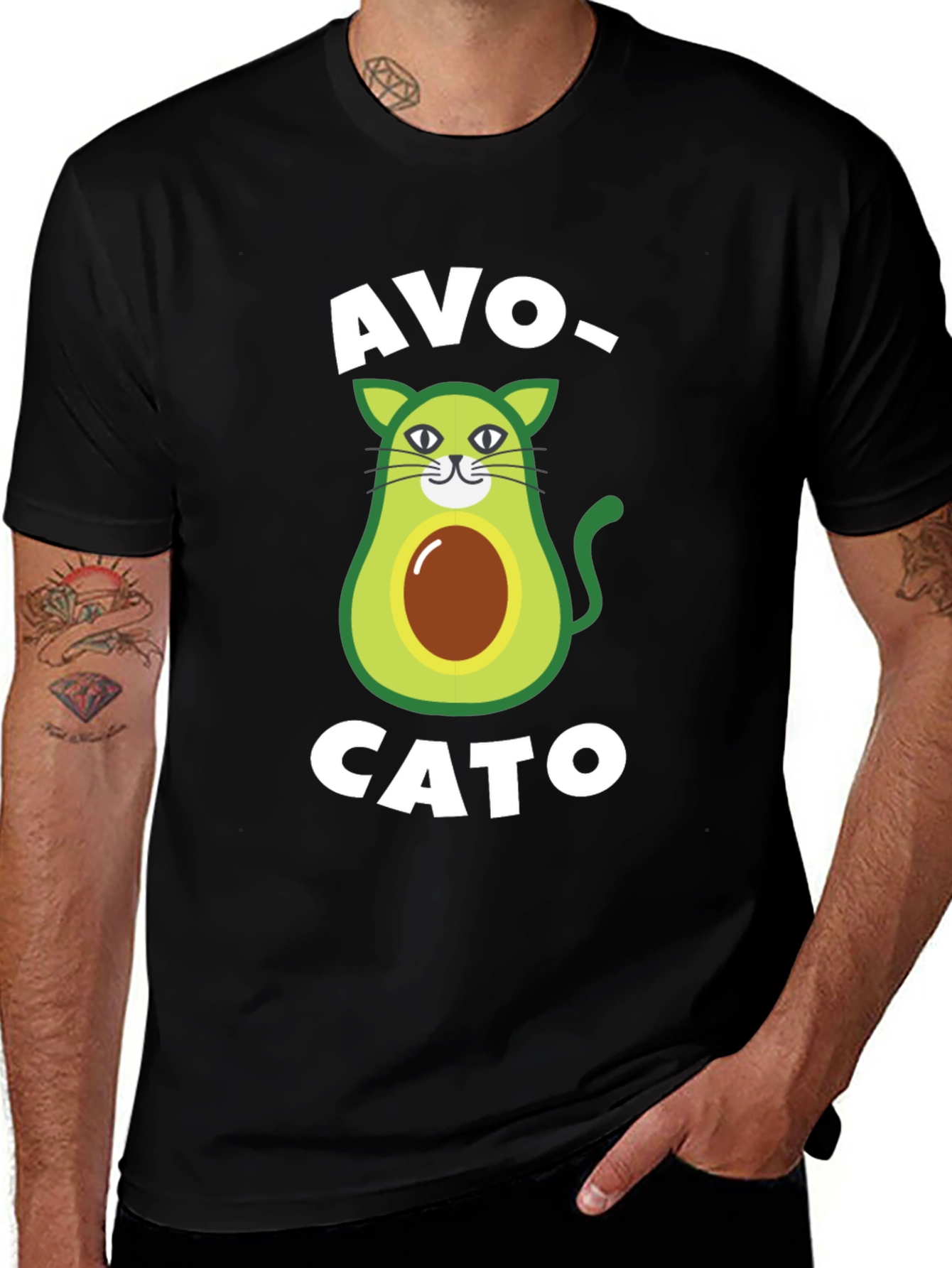 Avo-Cato Black T-Shirt - Avocado Cat Pun