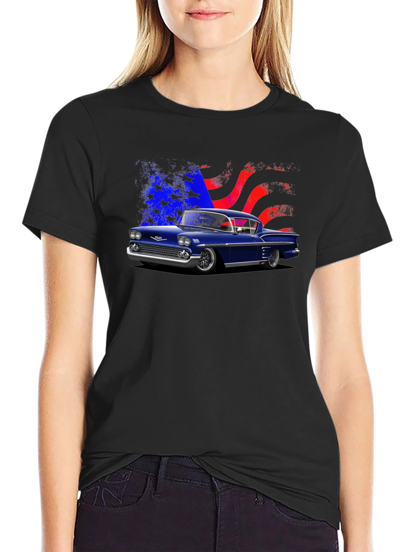 Classic Car Tee with American Flag Design