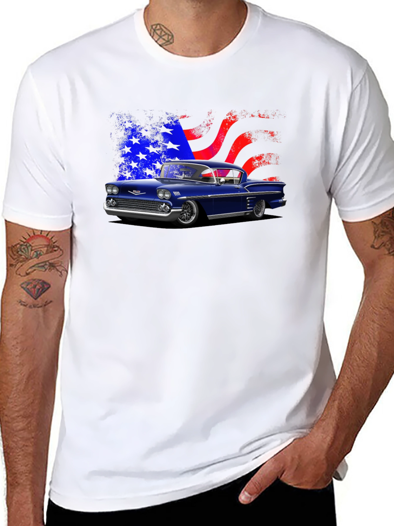 Classic Car Tee with American Flag Design