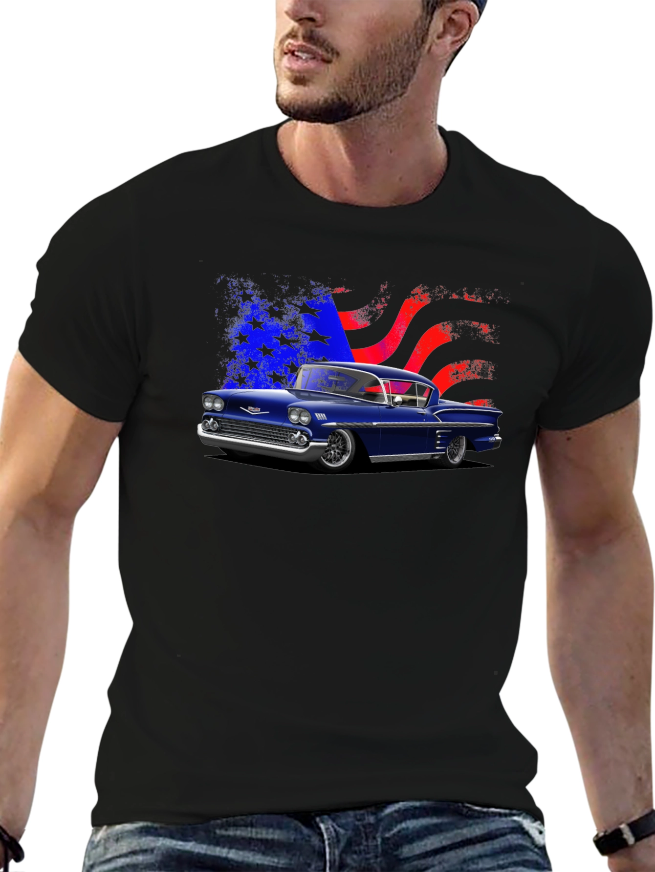 Classic Car Tee with American Flag Design
