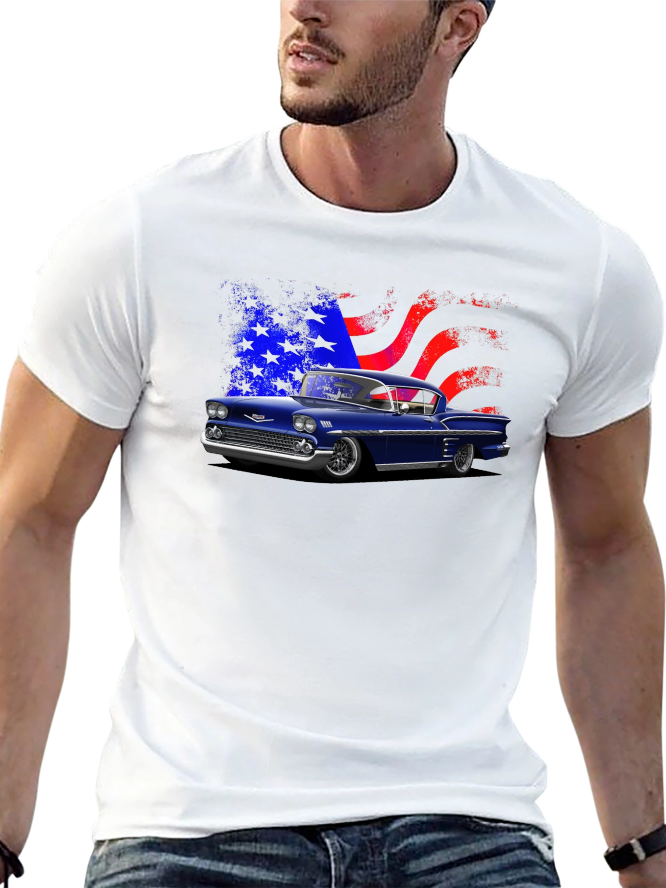 Classic Car Tee with American Flag Design