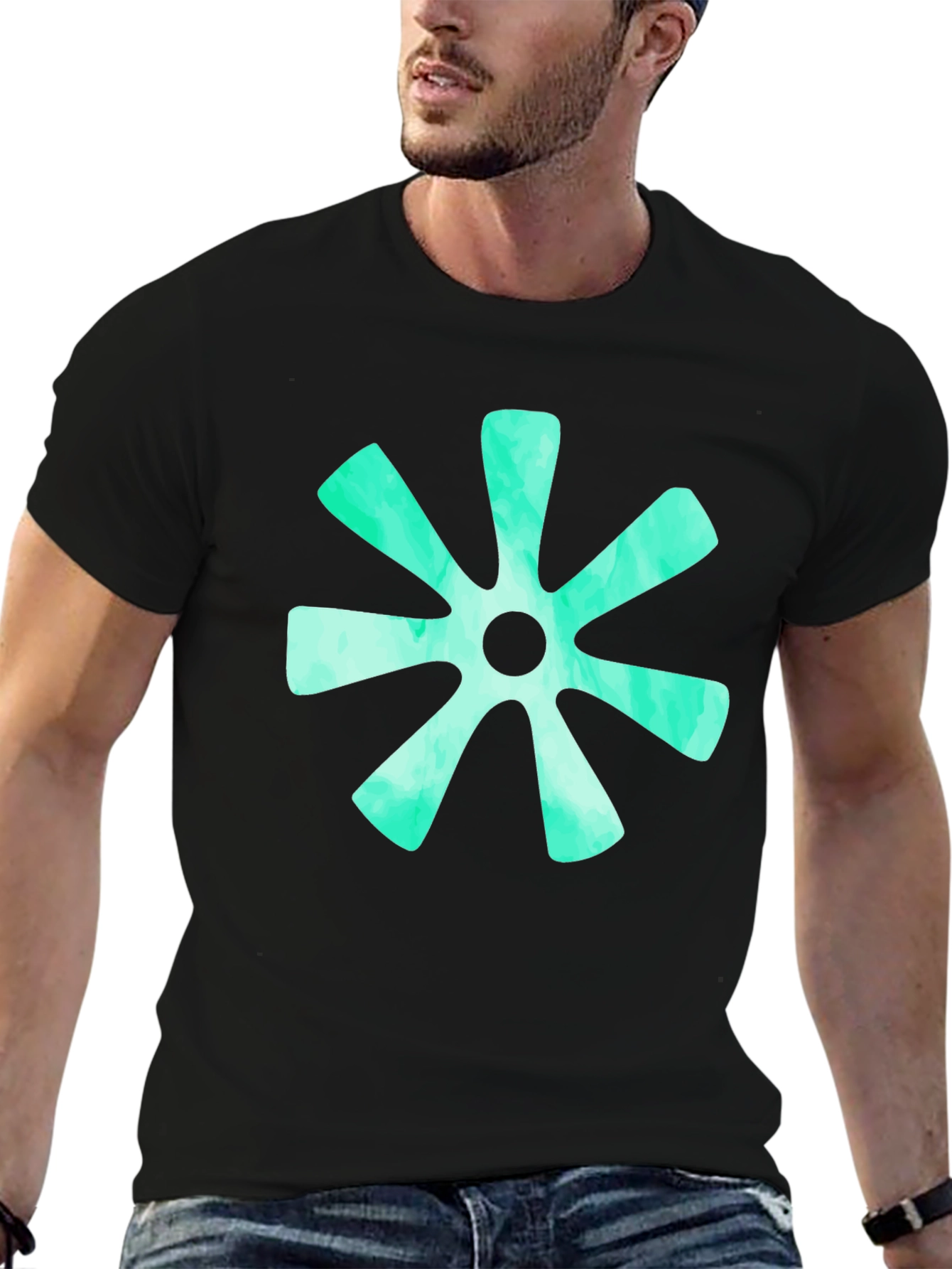 Abstract Teal Burst Graphic Tee - Black Cotton T-Shirt