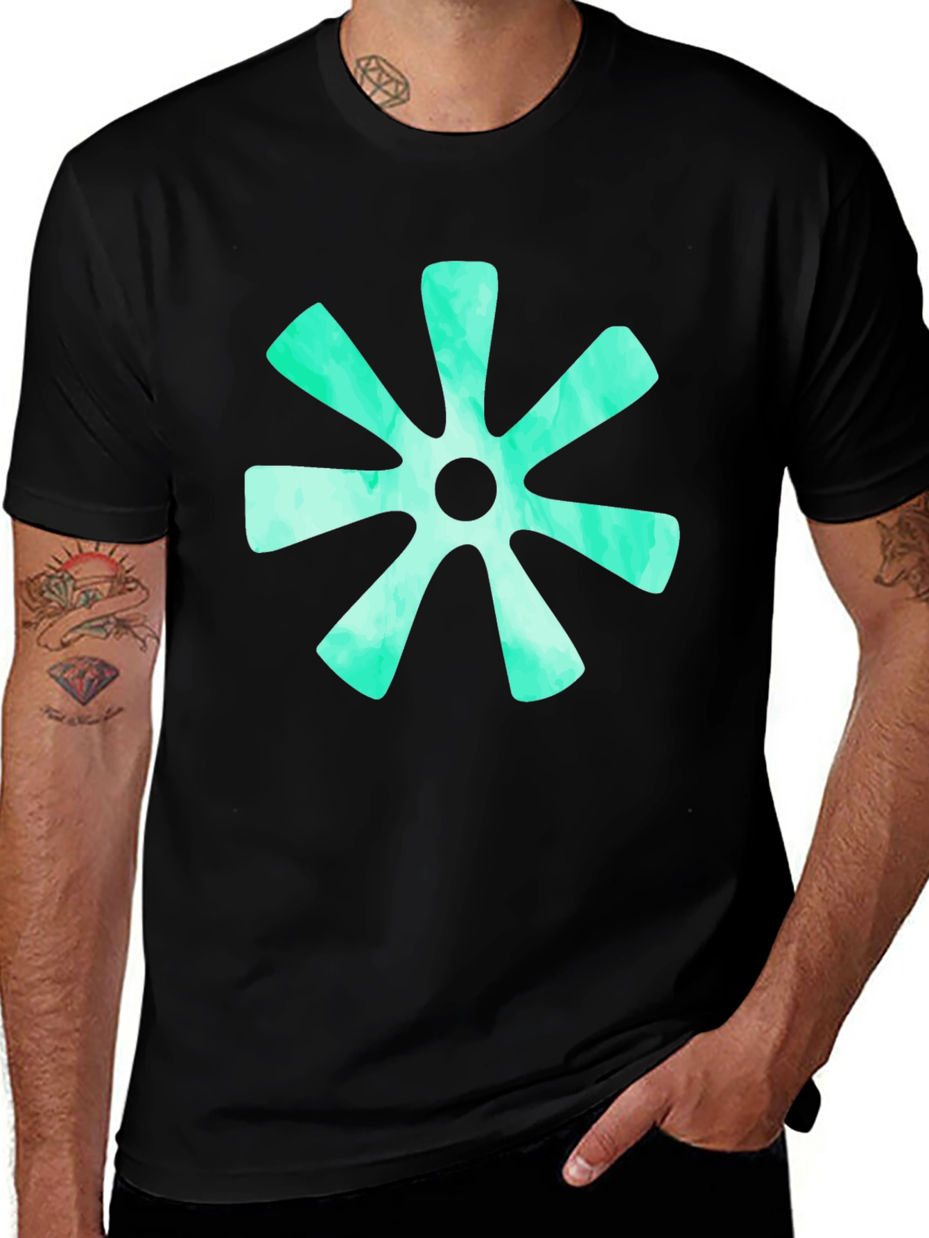 Abstract Teal Burst Graphic Tee - Black Cotton T-Shirt