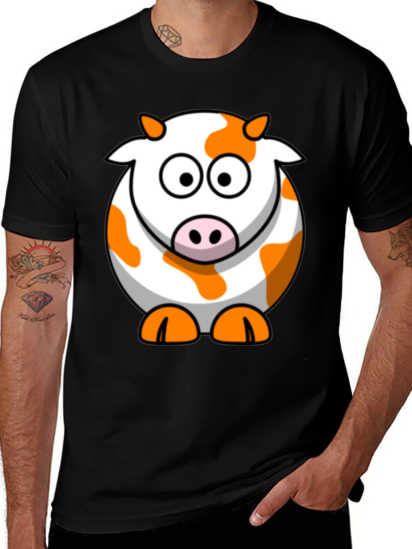 Cute Cartoon Cow Graphic Black T-Shirt