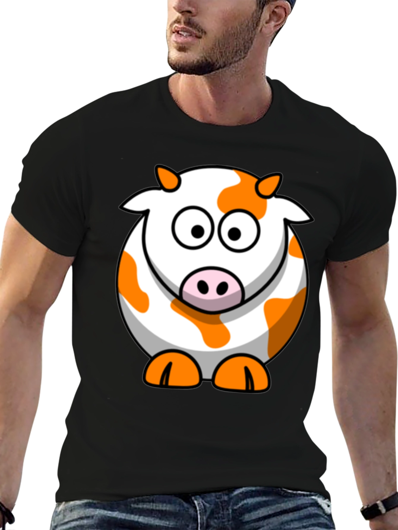 Cute Cartoon Cow Graphic Black T-Shirt