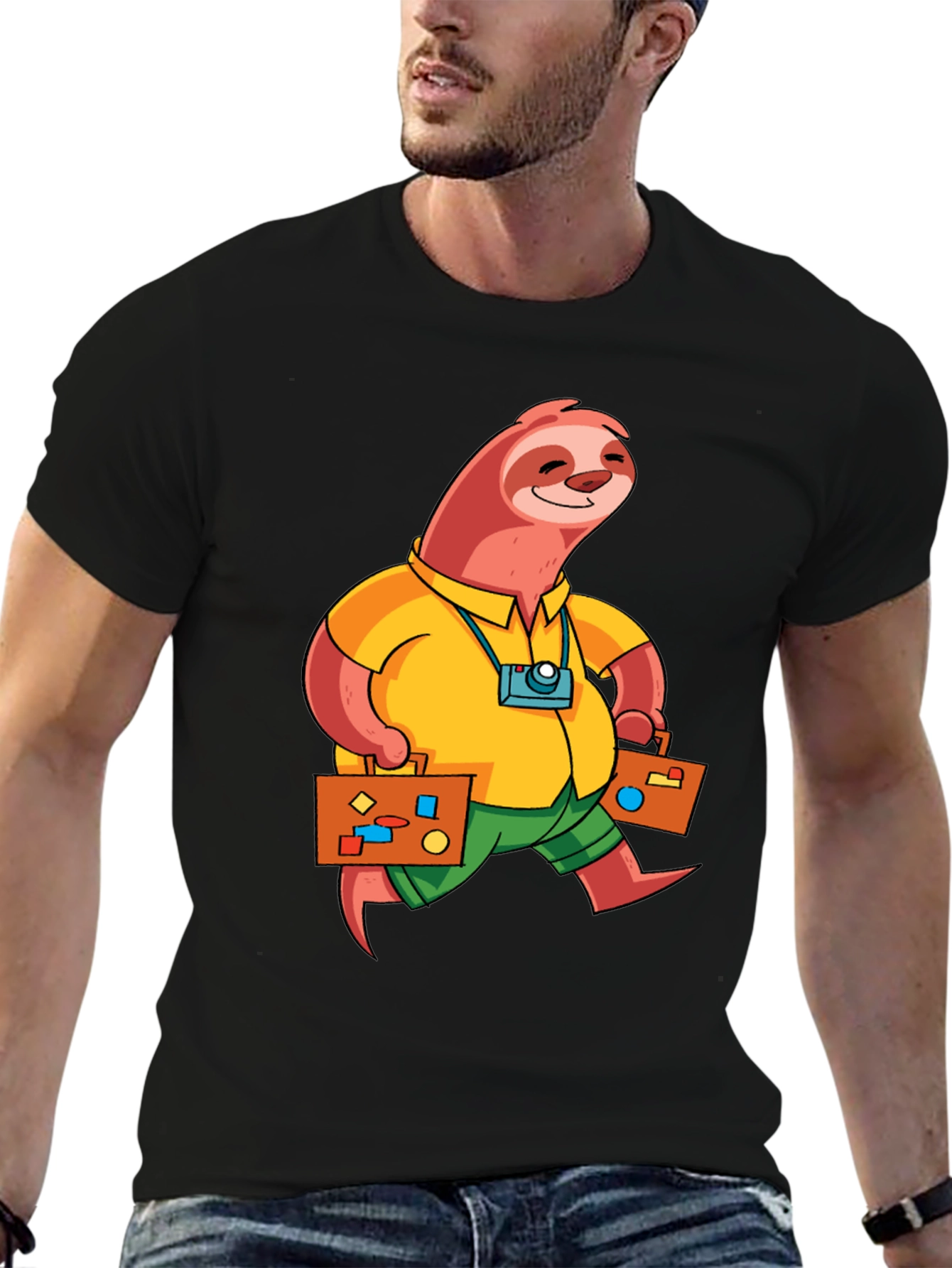 Sloth Tourist Graphic T-Shirt - Black Casual Tee