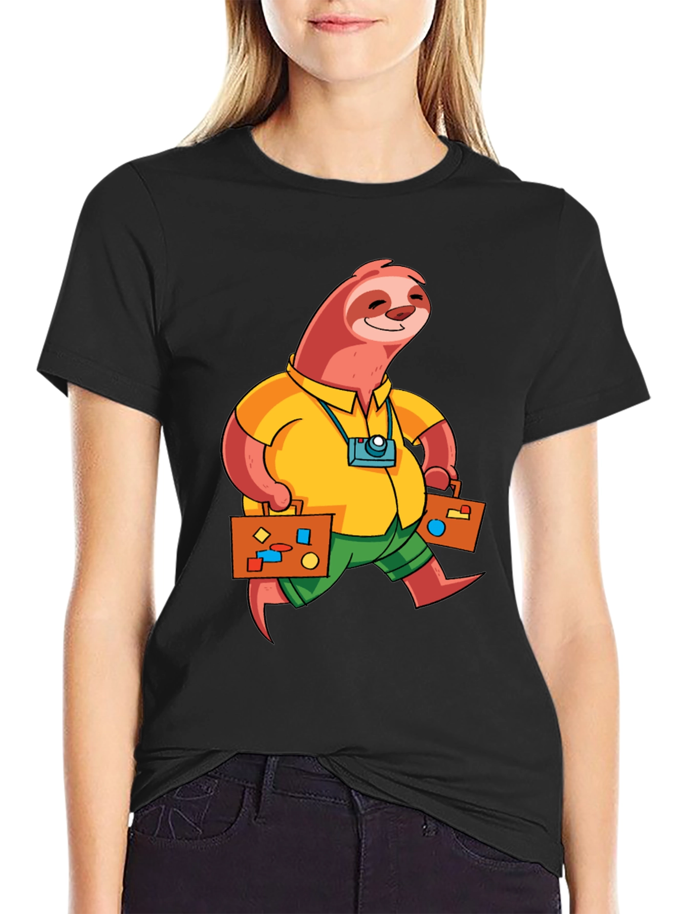 Sloth Tourist Graphic T-Shirt - Black Casual Tee