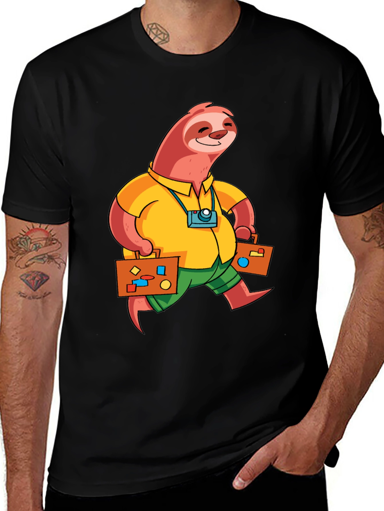 Sloth Tourist Graphic T-Shirt - Black Casual Tee