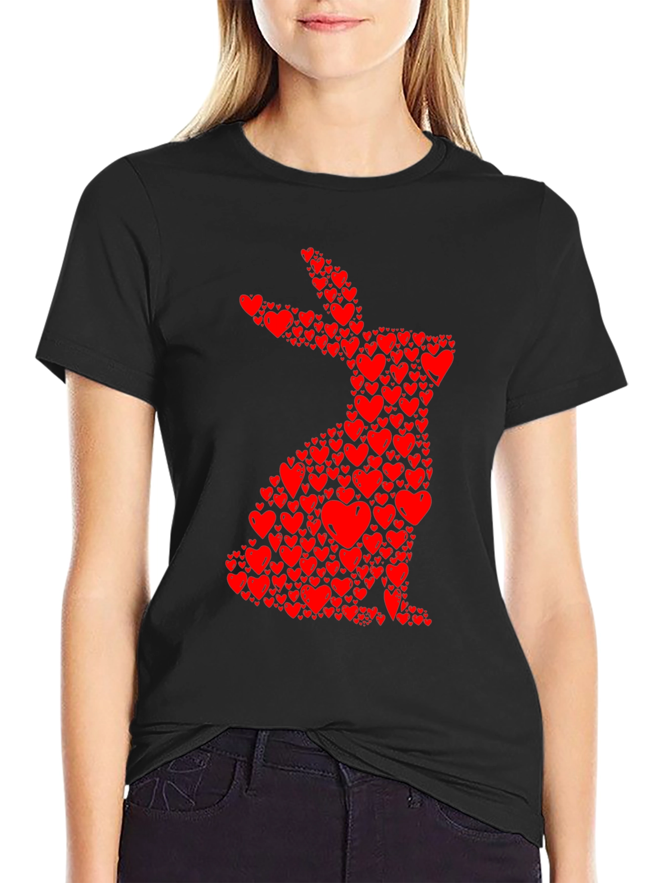 Heart Bunny Graphic Tee - Black Cotton Blend